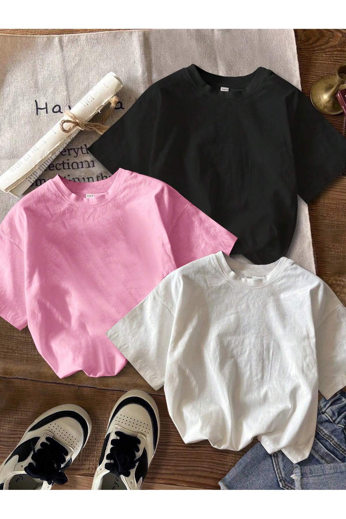 MODARİCH  3'lü Ok Star Dream T-shirt - Beyaz Pembe Siyah Oversize Baskılı Bisiklet Yaka Baskılı Kısa Kol Bol - Görsel 4