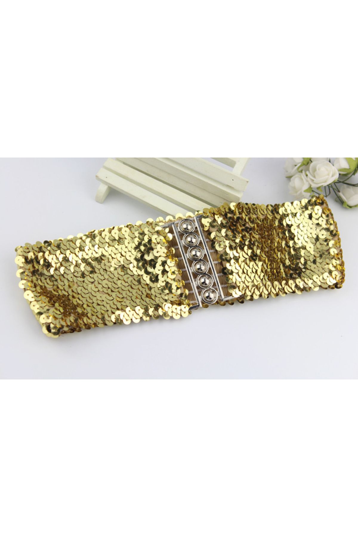 Choice-Gold Silver Color Belt Cool Punk Sparkling Sequins Elastic Stretch Wide Waistband Women Dress Wai... 1