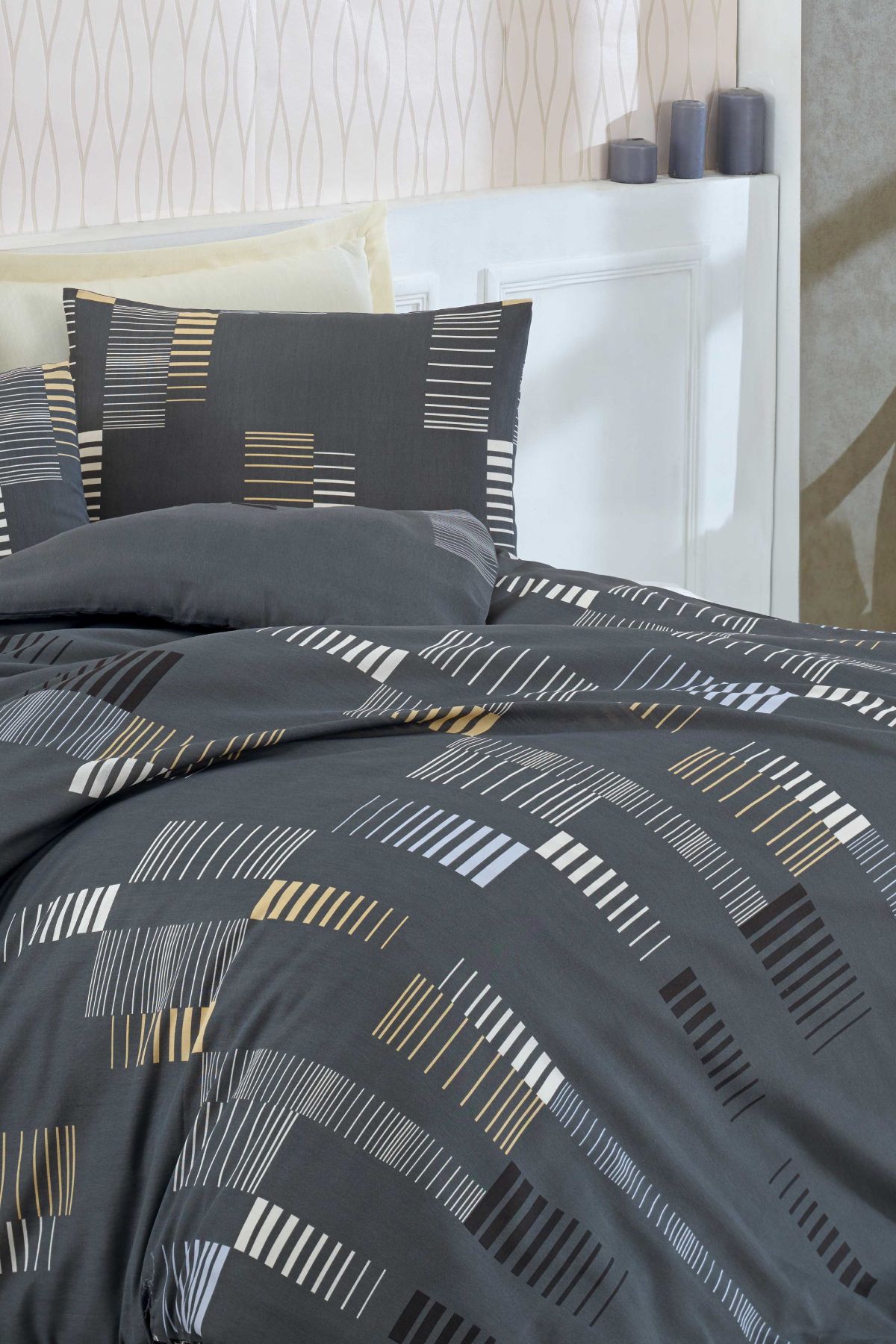 Eponj Home-Διπλό Σετ Παπλωματοθήκης Easy-Iron Trace Anthracite 4