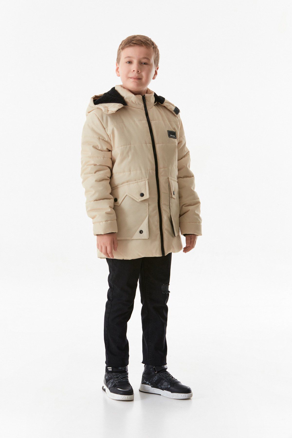 Fulla Moda-Embroidered Double Pocket Hooded Boy's Coat 5