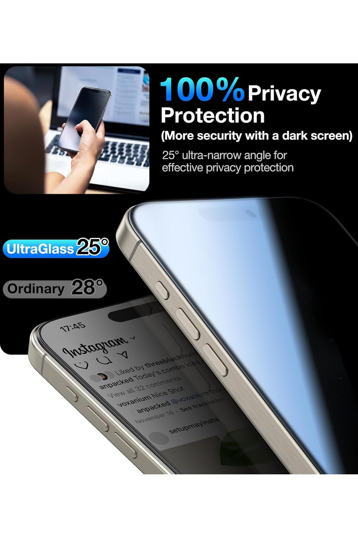 AWH-واقي شاشة الخصوصية الزجاجي لجهاز iPhone 15 Pro [درع الخصوصية غير المرئي]، قطعتان 3
