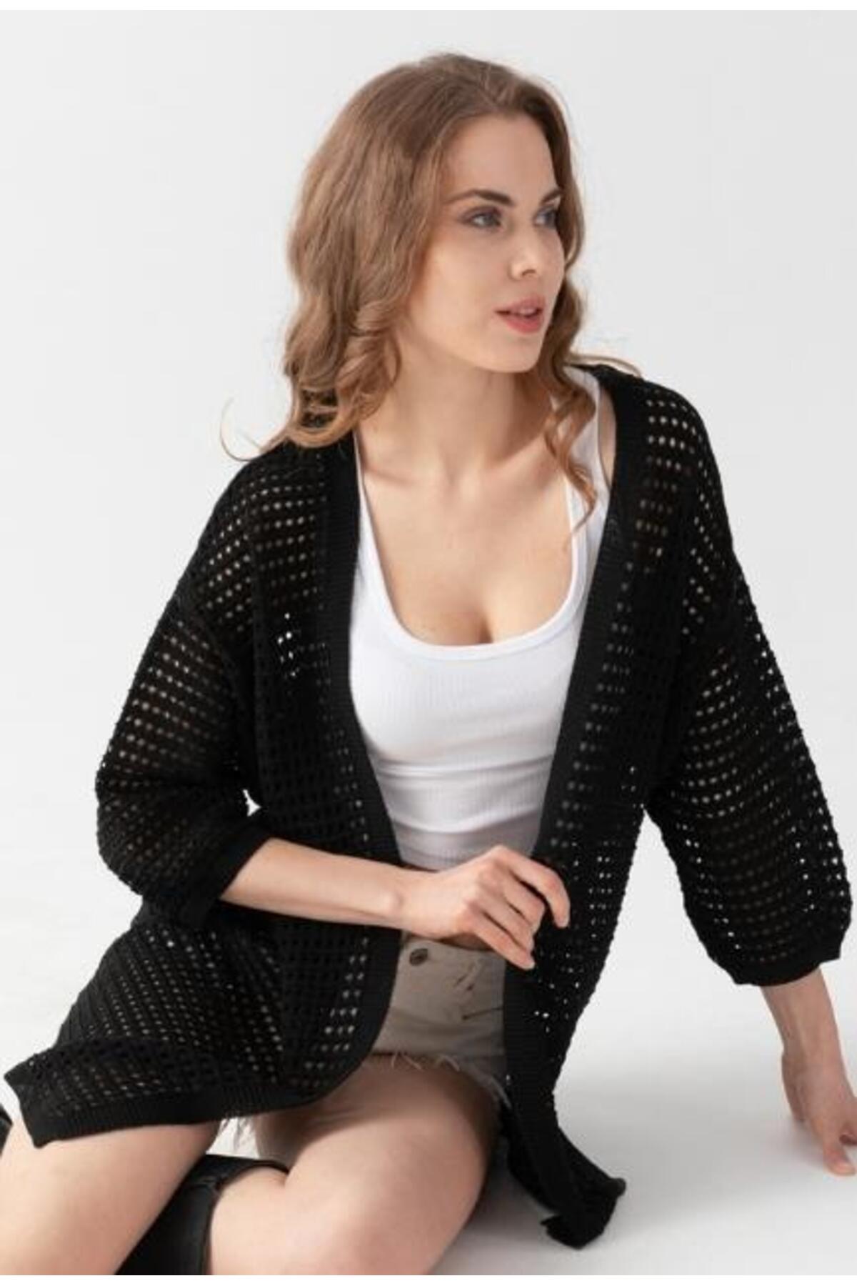 Irmak Kerekli  Kadın Delikli Triko Uzun Hırka 91136 Siyah - Görsel 5