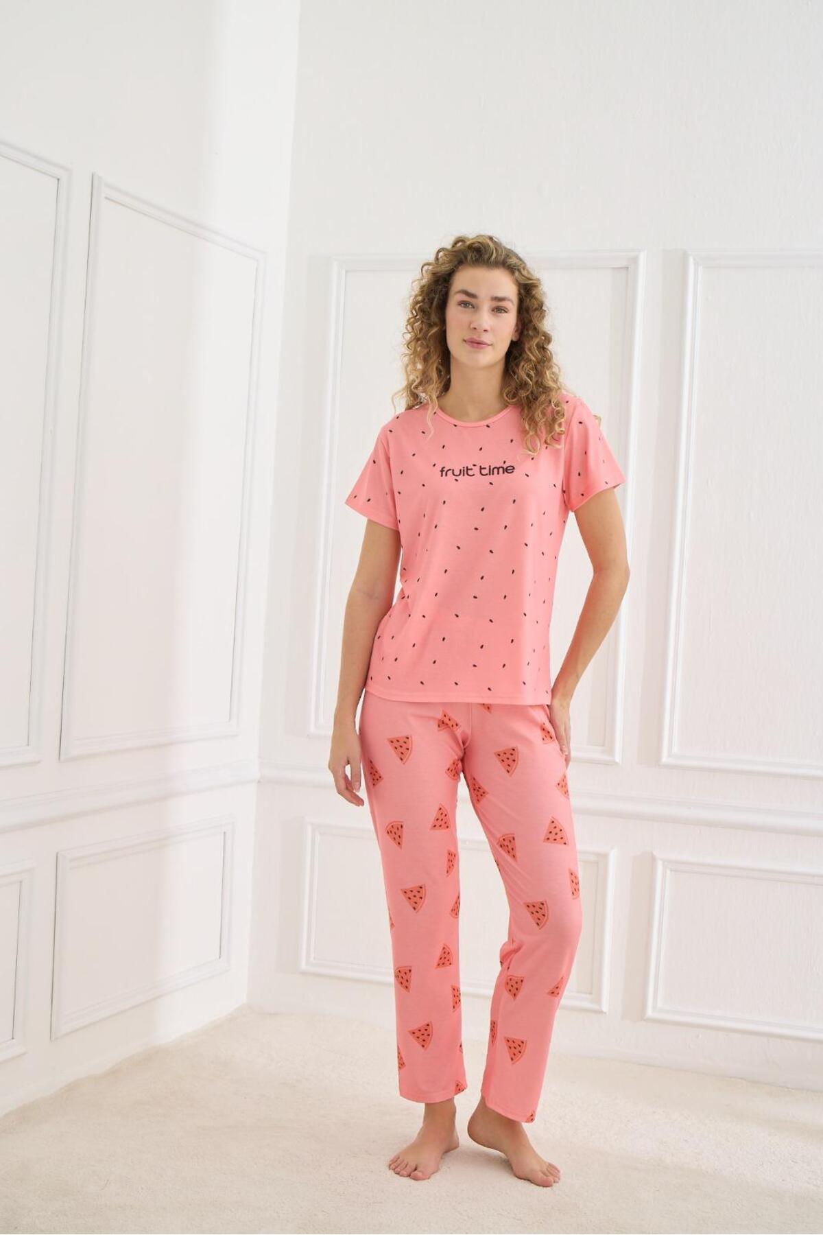 Women's Lycra Single Jersey Soft Textured Short Sleeve Dark Pink Fruit Time writing Single Jersey Combed Cotton Pajamas Set