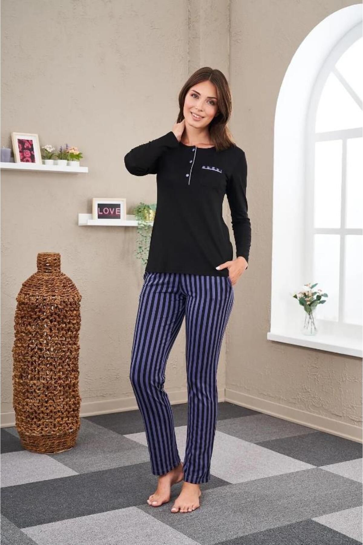 PJS-23542 طقم بيجامة مخطط مرقع نسائي 2