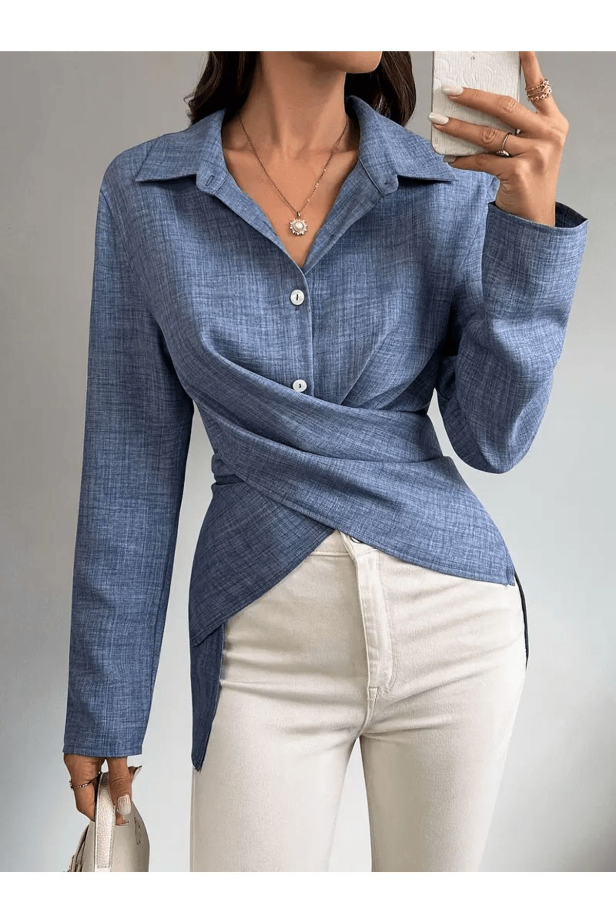 Moda Monisa-Sofia Linen Shirt |   Front Button, Cross Tie Back, Blue 5