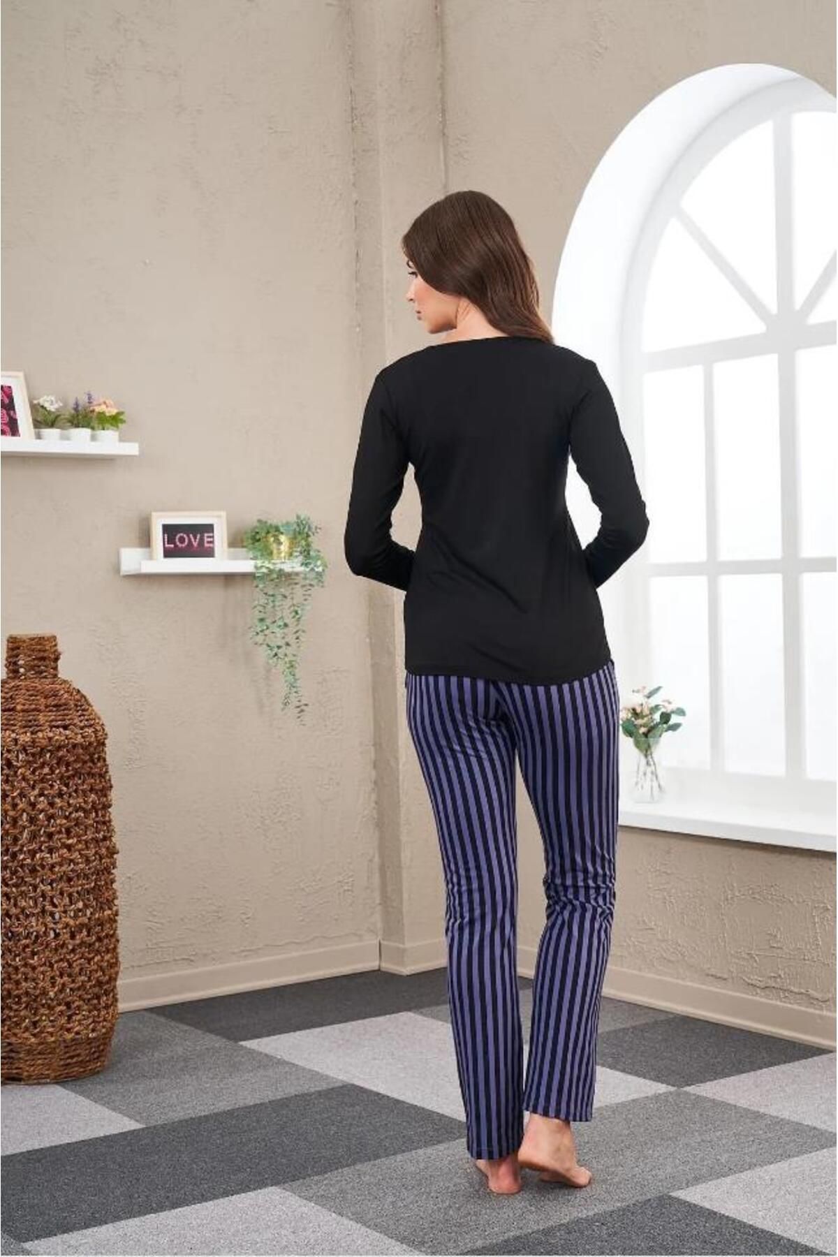 PJS-23542 طقم بيجامة مخطط مرقع نسائي 5