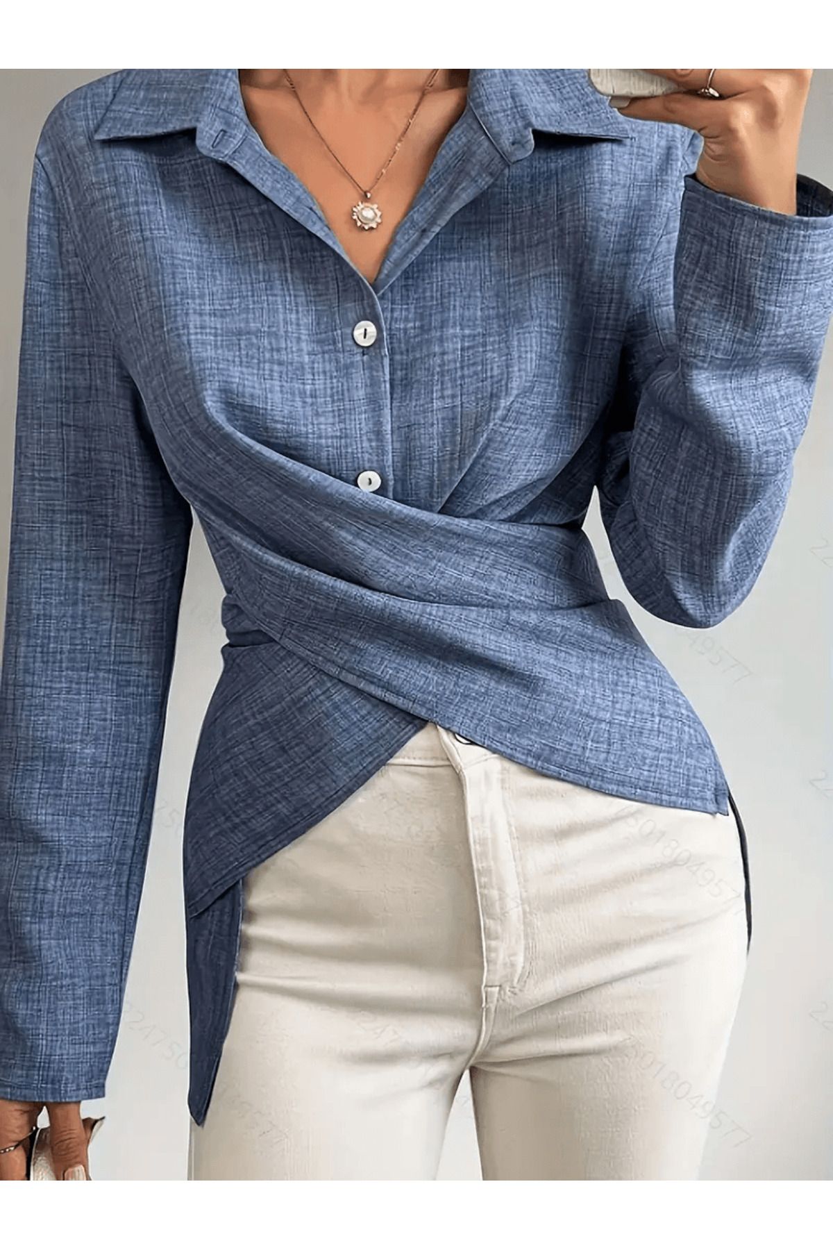 Moda Monisa-Sofia Linen Shirt |   Front Button, Cross Tie Back, Blue 3