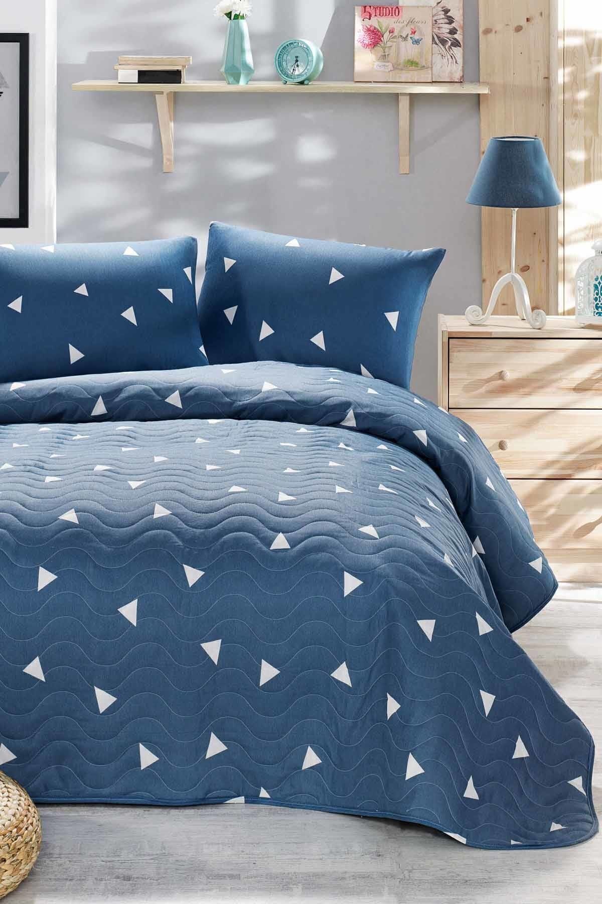 Eponj Home-Double Quilted Bedspread Set Triangle Dark Blue 1