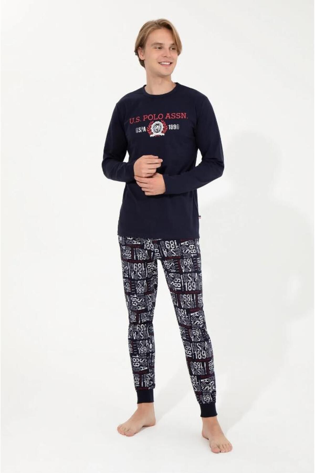 ست پیژامه آبی مردانه لباس خواب آستین بلند یقه گرد Polo Assn 18634 U.S. Polo Assn.