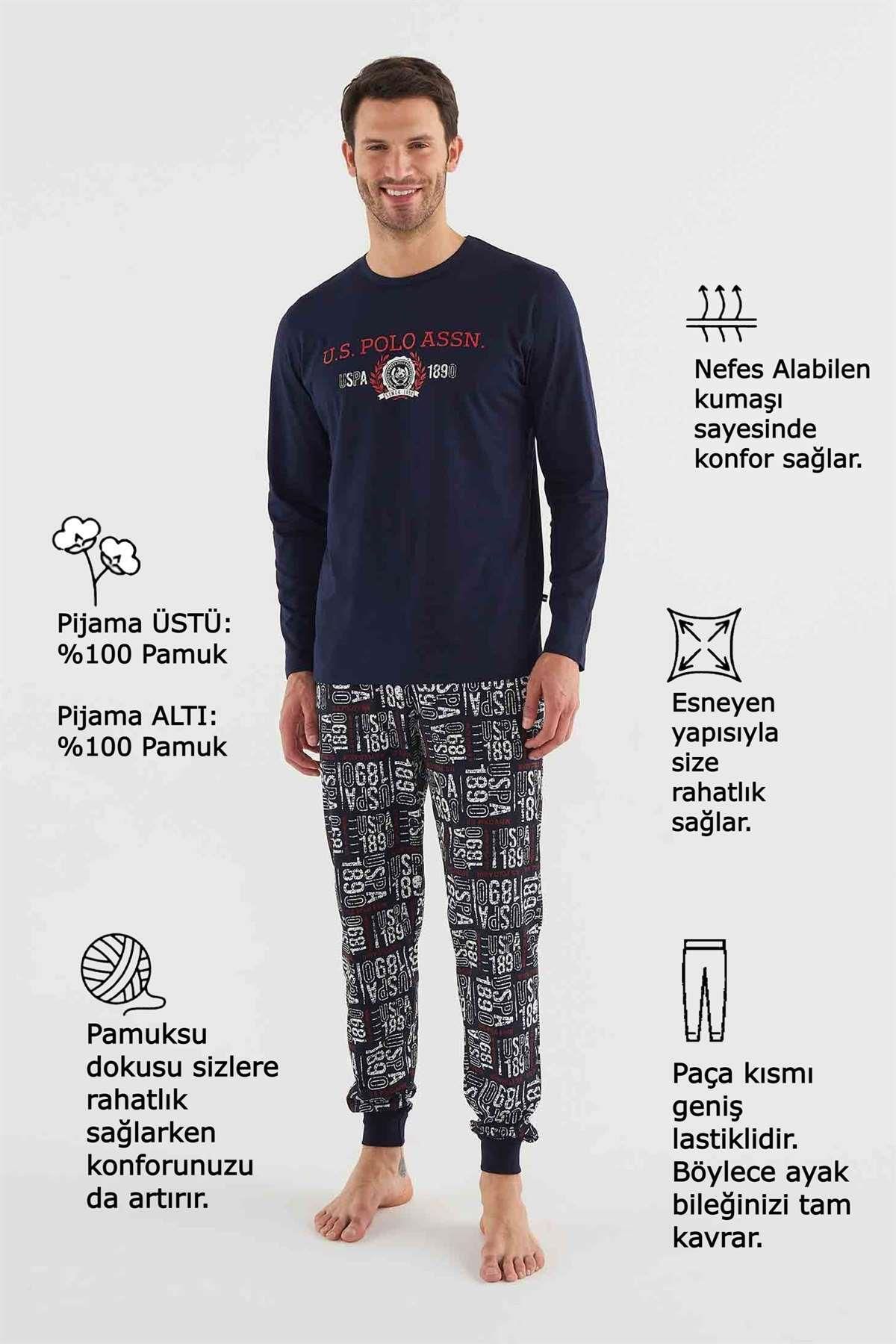ست پیژامه آبی مردانه لباس خواب آستین بلند یقه گرد Polo Assn 18634 U.S. Polo Assn.