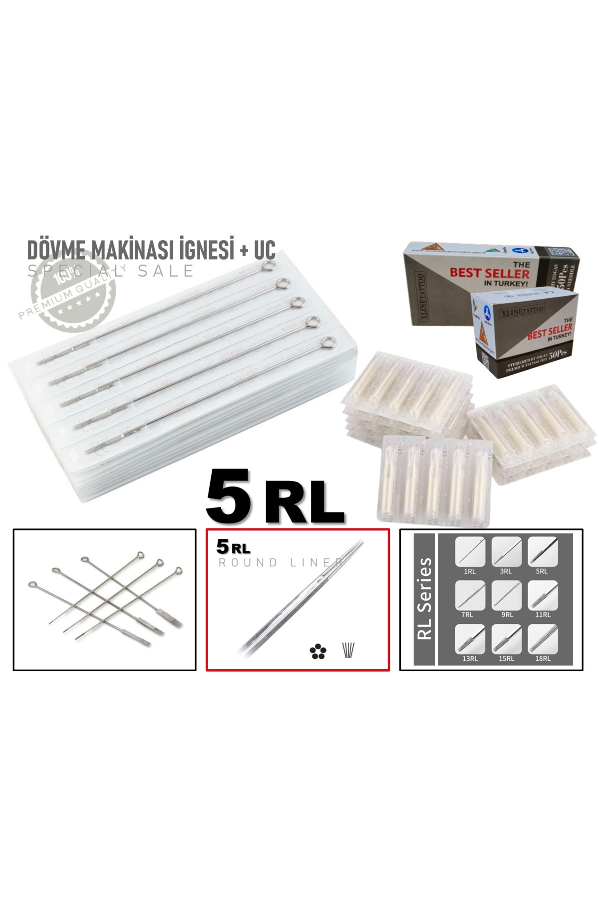 XLINETATTOO 50 ADET 5RL DÖVME İĞNESİ ve UCU - DÖVME MAKİNASI İĞNESİ + UC - 5 RL