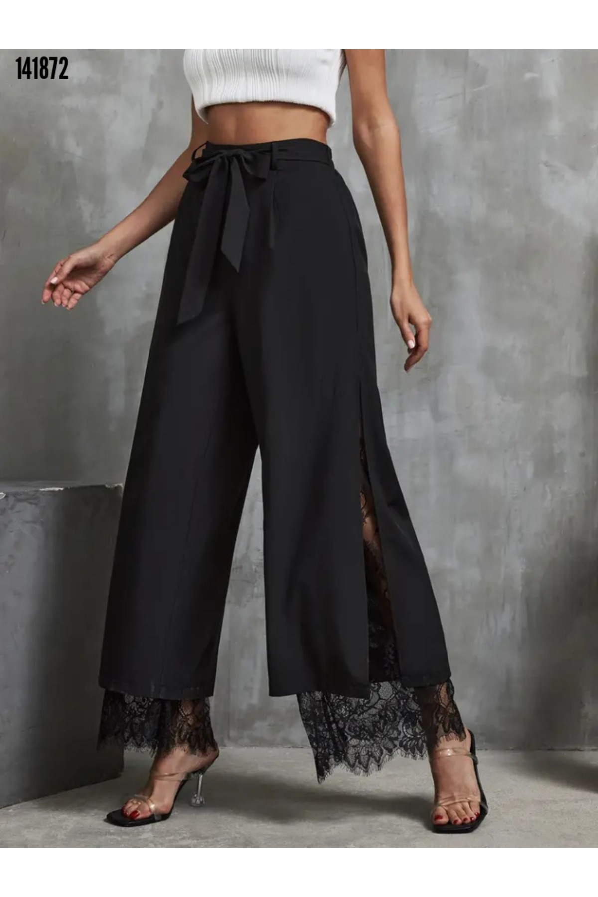 Kokosh moda  Kadın Yüksek Bel Dantel Detaylı Kemerli Dalgıç Kumaş Pantolon - Görsel 8