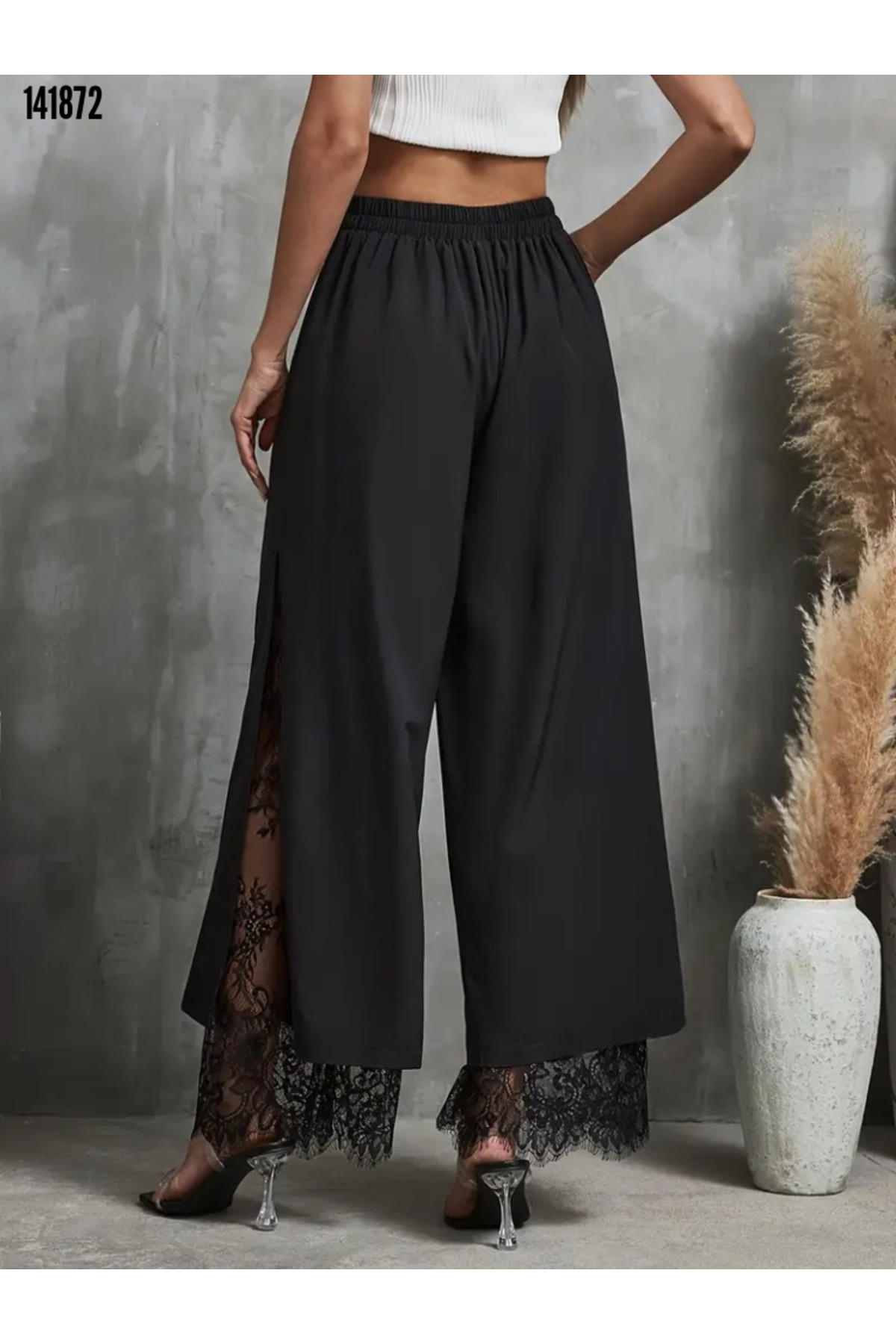 Kokosh moda  Kadın Yüksek Bel Dantel Detaylı Kemerli Dalgıç Kumaş Pantolon - Görsel 6