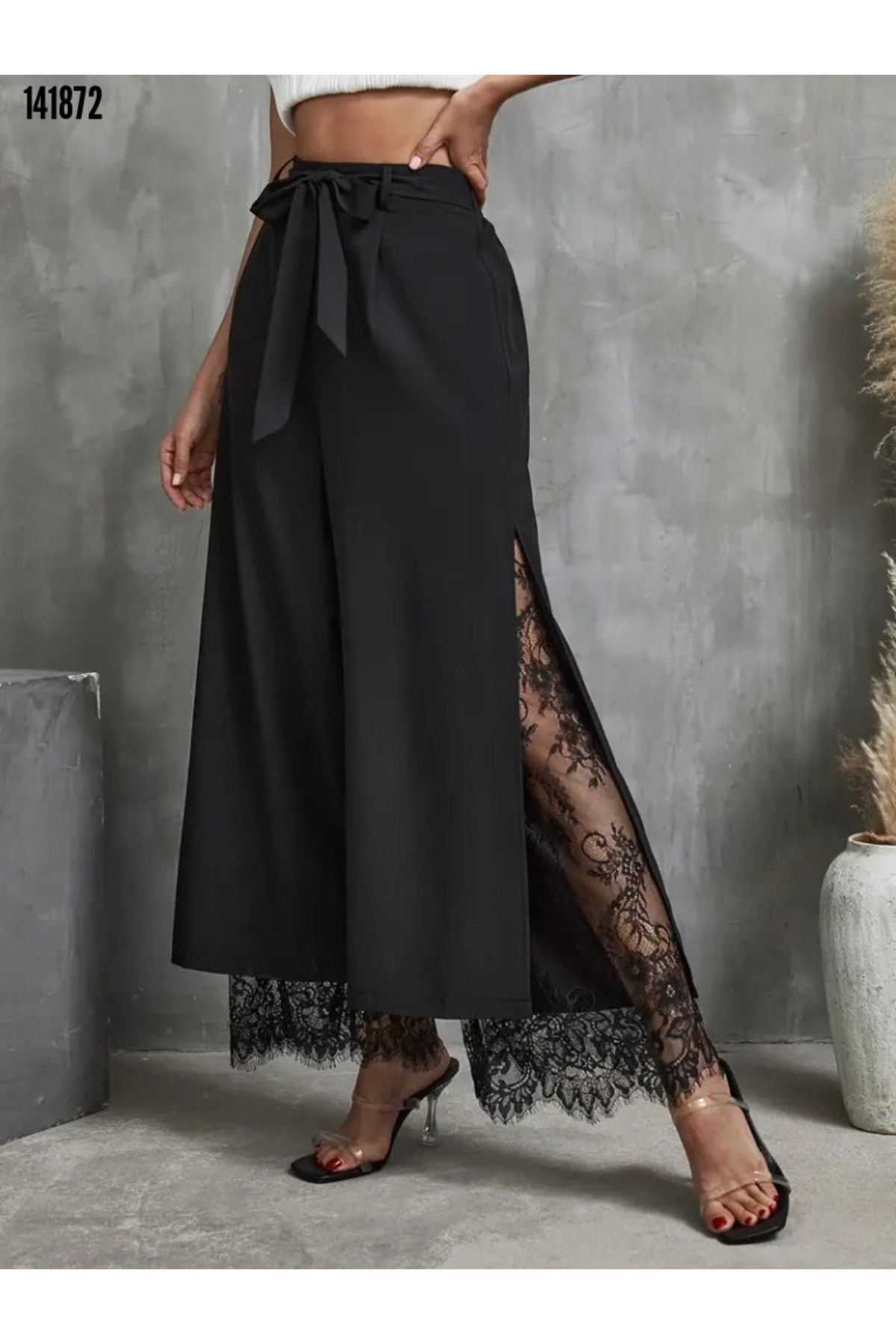 Kokosh moda  Kadın Yüksek Bel Dantel Detaylı Kemerli Dalgıç Kumaş Pantolon - Görsel 4