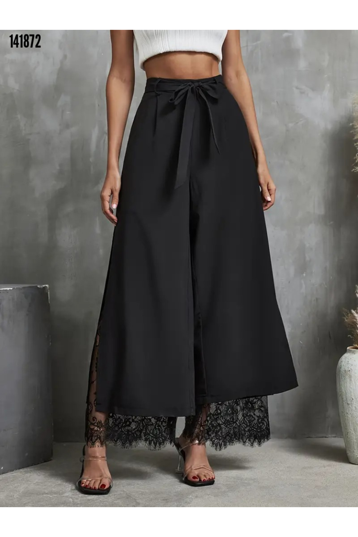 Kokosh moda  Kadın Yüksek Bel Dantel Detaylı Kemerli Dalgıç Kumaş Pantolon - Görsel 7