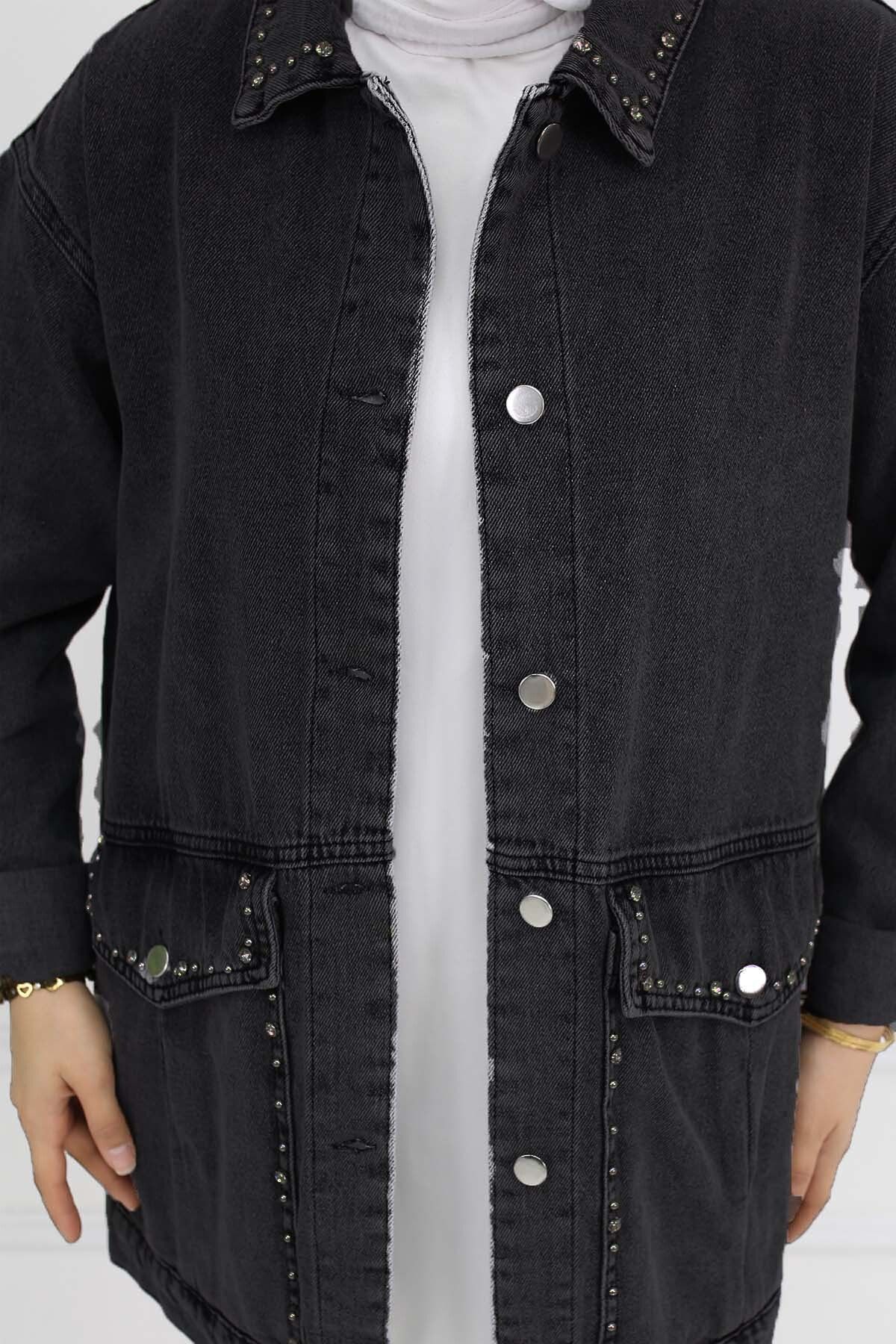 benguen-Black Denim Jacket - Stone Embroidered and Pocketed 7902 3