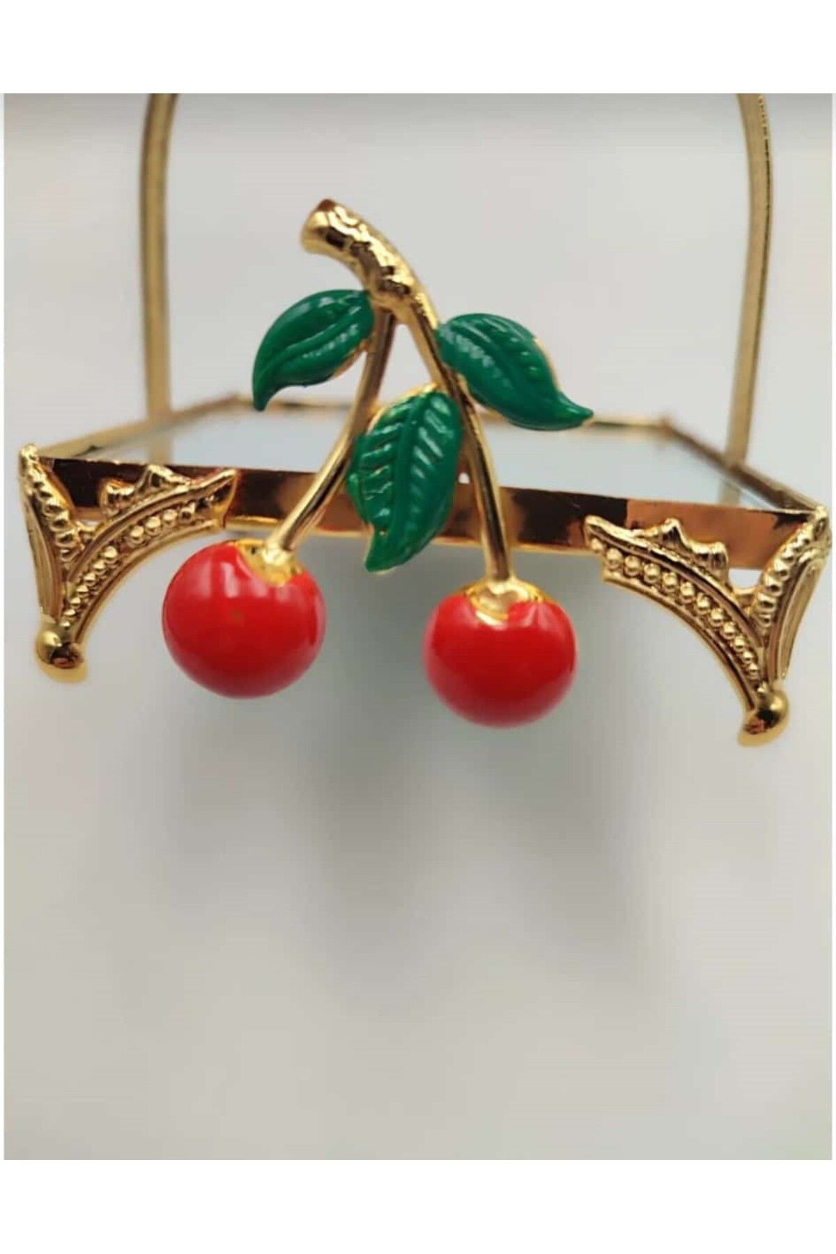 CEPHOME-Cherry Patterned Gold Plated Mirrored Mini Presentation Tray 2 Pieces 2