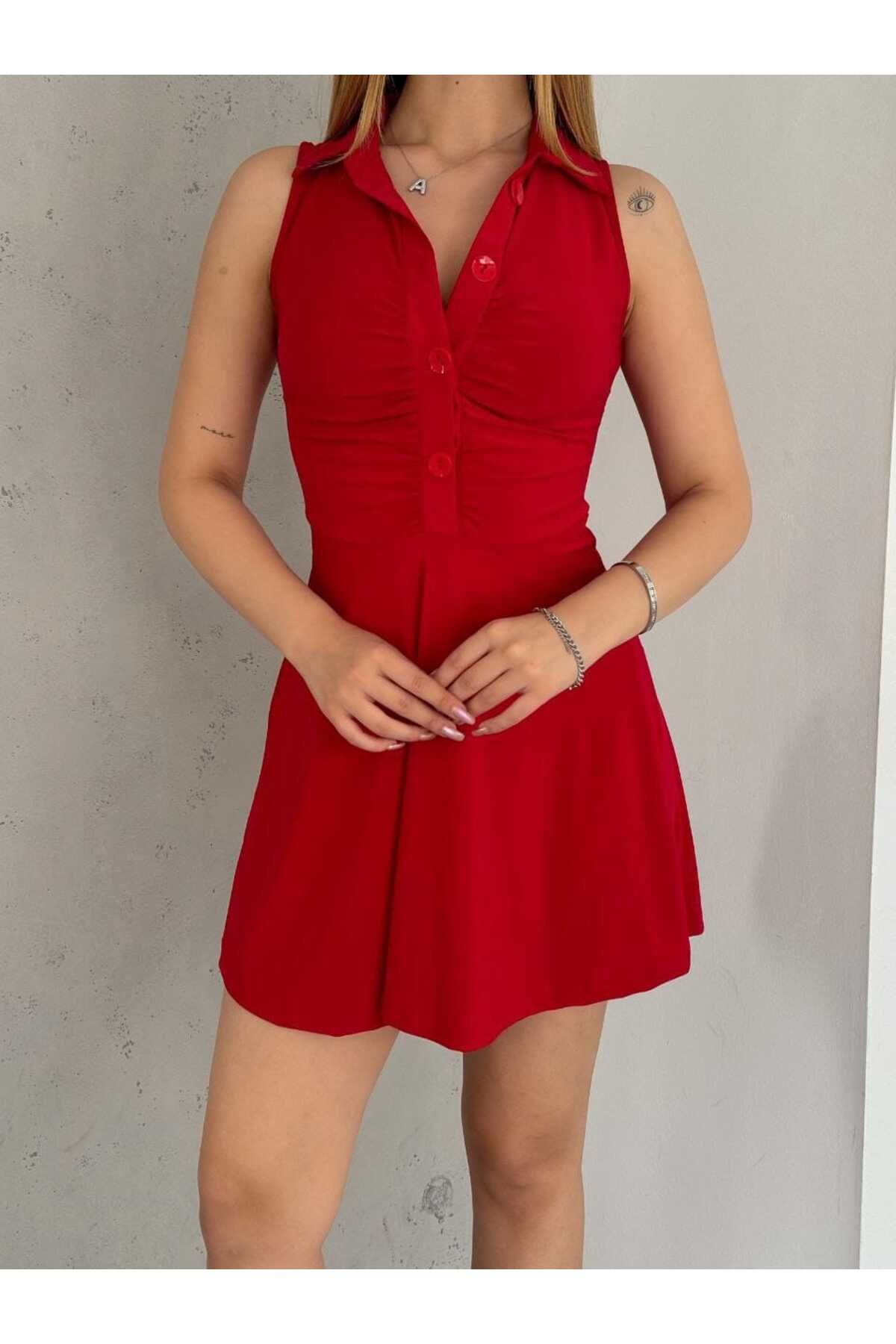 OlaLady-Rochie mini cu nasturi cu guler de cămașă 3