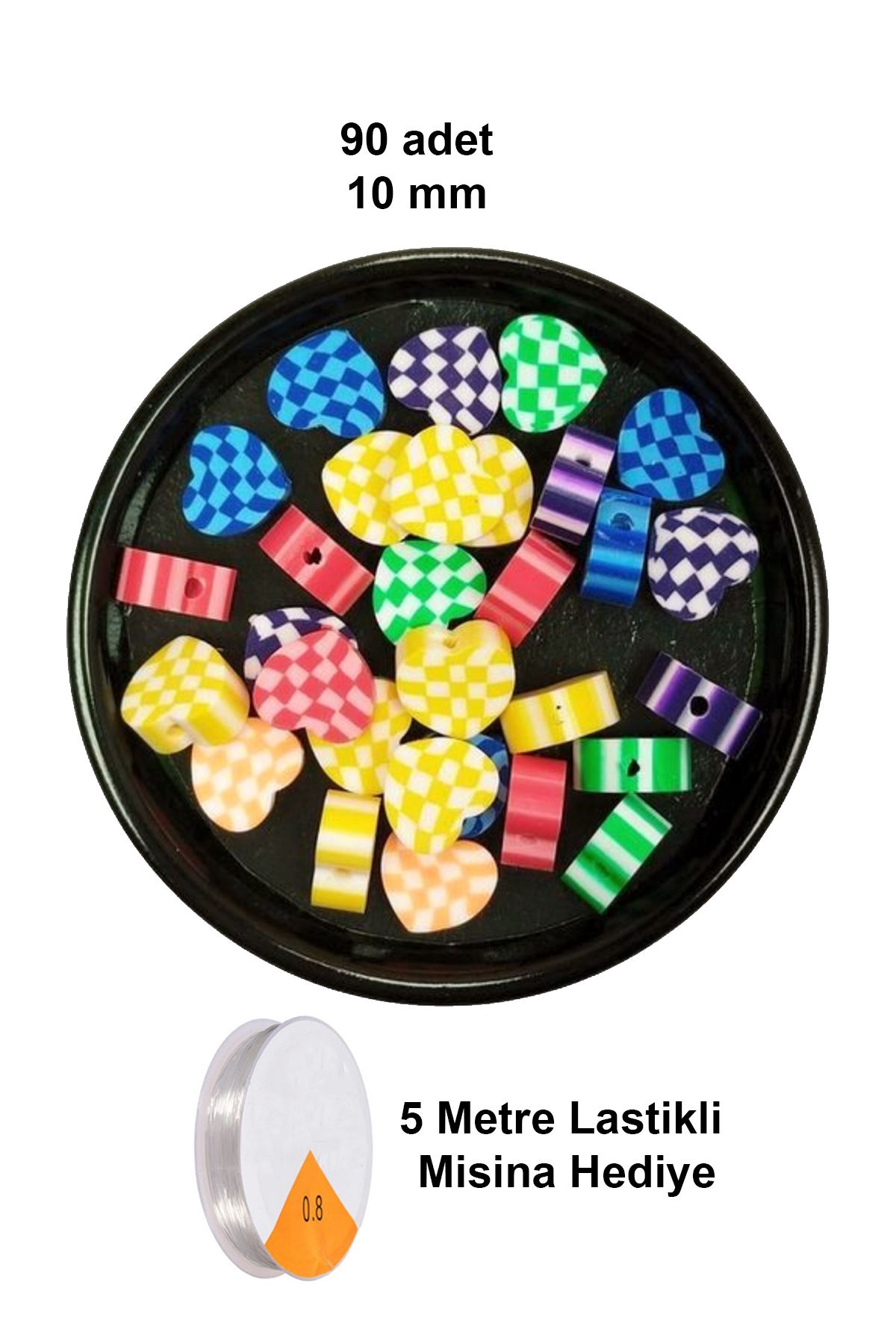 karadağsb 90 Adet 10 Mm Polimer Kil Fimo Boncuk Takı Bileklik + 5 Metre Lastikli Misina Hediye - Desenli Kalp