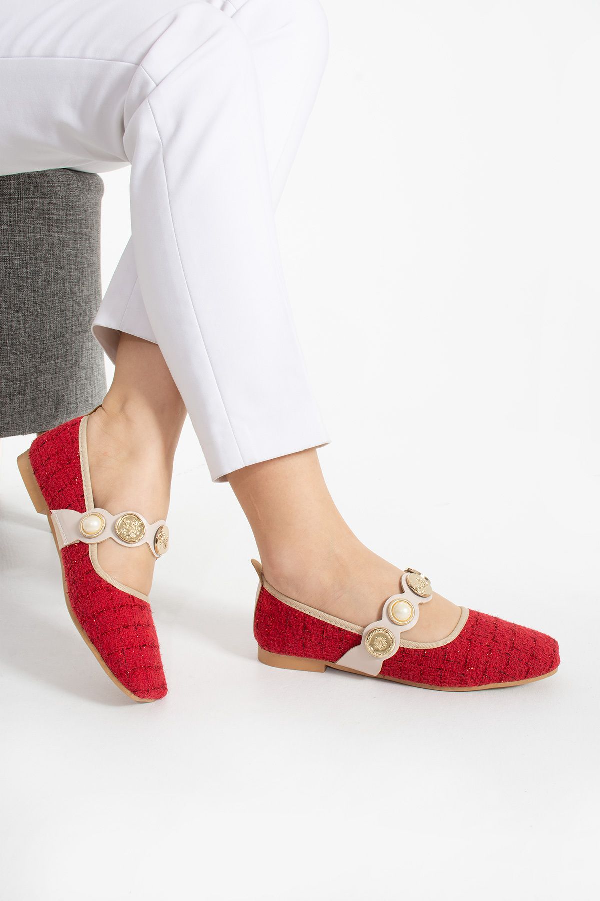 Parparastil-Tweed Pearl Detail Closed Back Low Heel Mary Jane Casual Red Women's Ballerinas 2