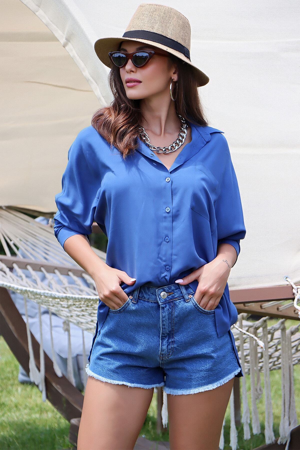 Genel Markalar  Yarım Kol Gömlek Saks Mavi - Görsel 5