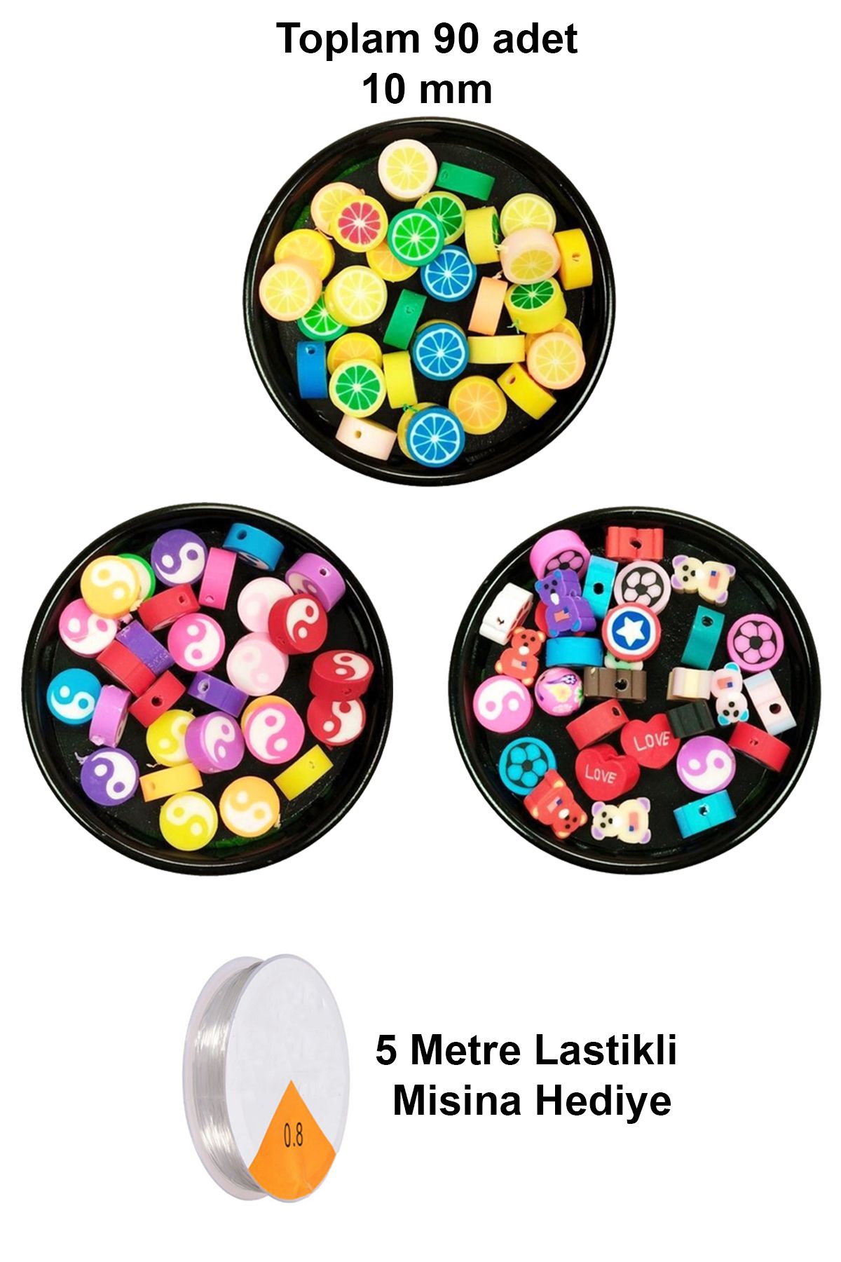 karadağsb 90 Adet 10 Mm Polimer Kil Fimo Boncuk Takı Bileklik + 5 Metre Misina Hediye - Yin Yang - Karışık -