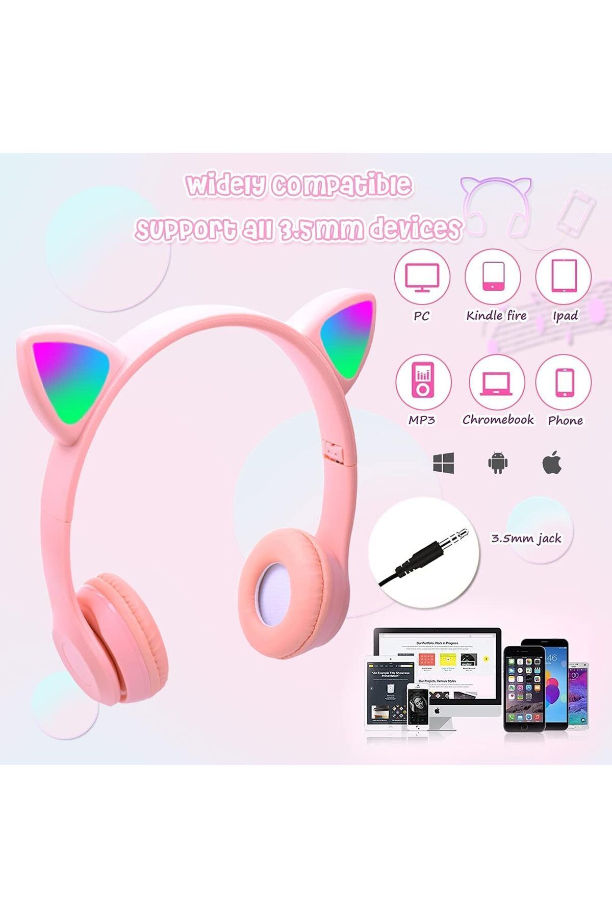 AWH-Kids Wireless Headphones, Bluetooth Over Ear with Microphone, Cat Ear LED Light, Pink 3
