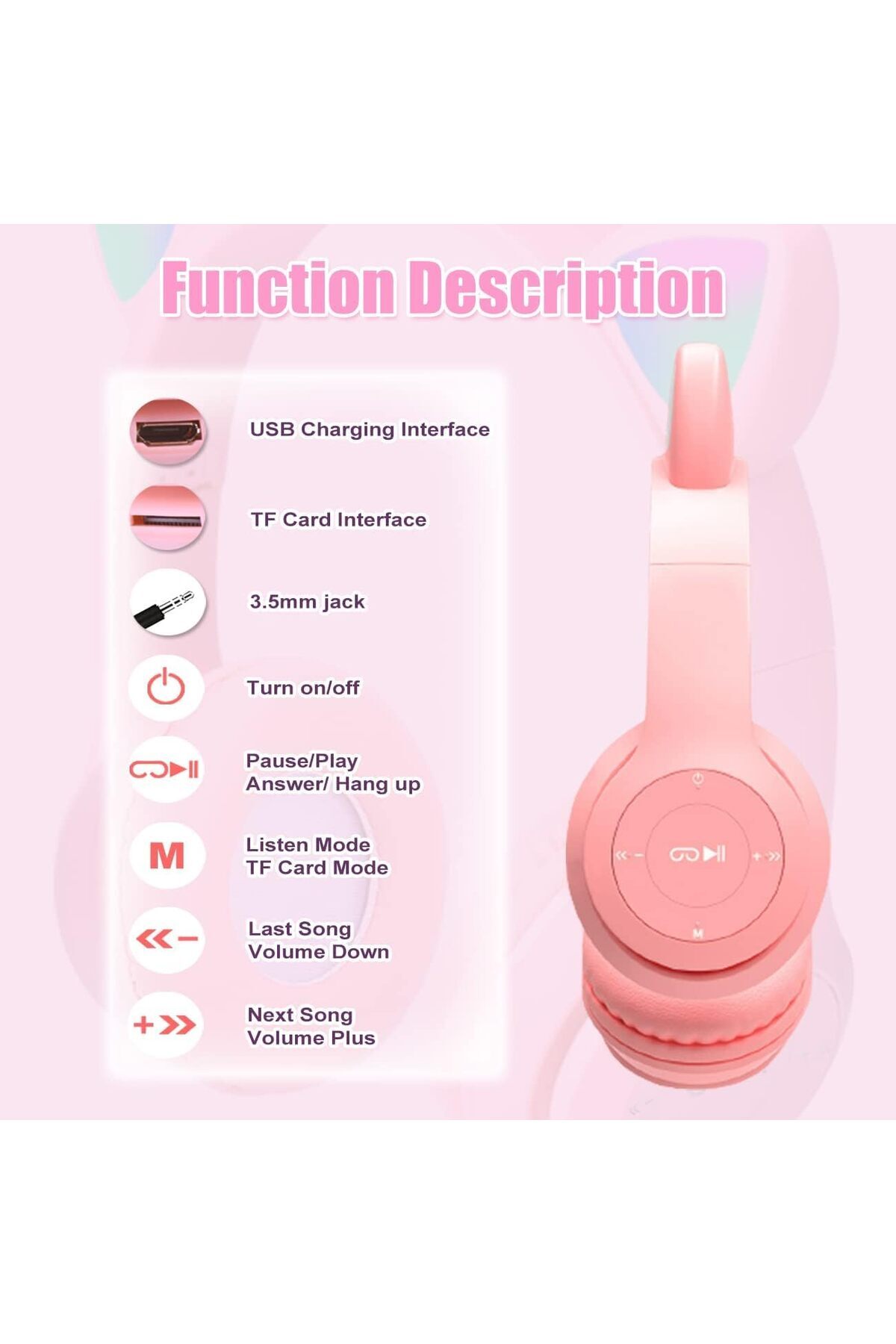 AWH-Kids Wireless Headphones, Bluetooth Over Ear with Microphone, Cat Ear LED Light, Pink 2
