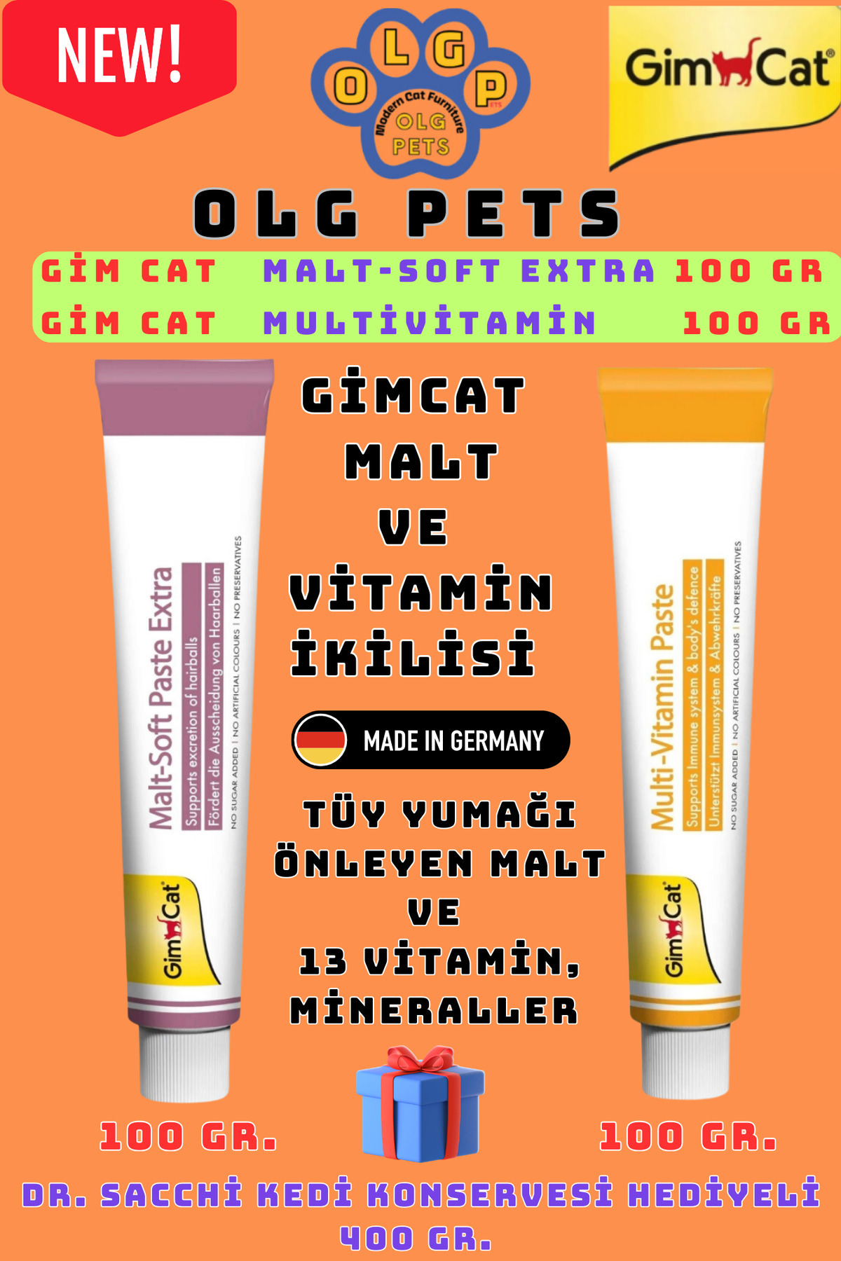 Gimcat Malt 100 Gr + Gimcat Multivitamin 100 Gr. ( Dr. Sacchi Konserve Hediyeli 400 Gr. ) Kedi Maltı