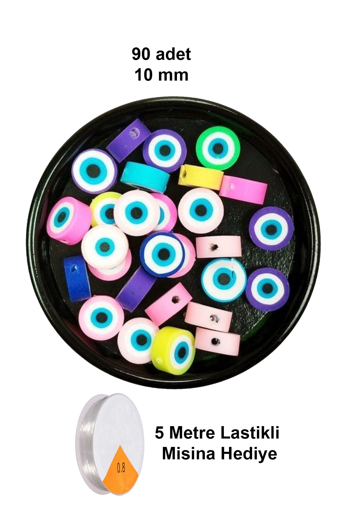 karadağsb 90 Adet 10 Mm Polimer Kil Fimo Boncuk Takı Bileklik + 5 Metre Lastikli Misina Hediye - Nazar Boncuğ