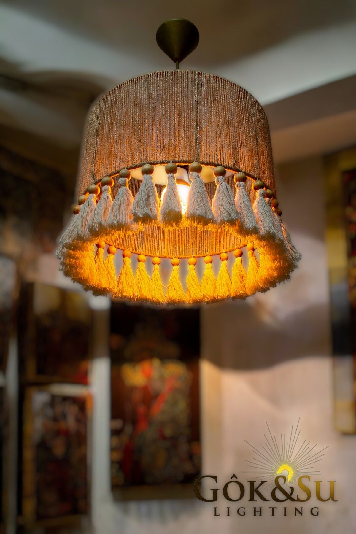 Göksu Lighting-Thin Jute Chandelier - Rustic, Bohemian, Wicker, Macrame and Tassel Chandelier 4