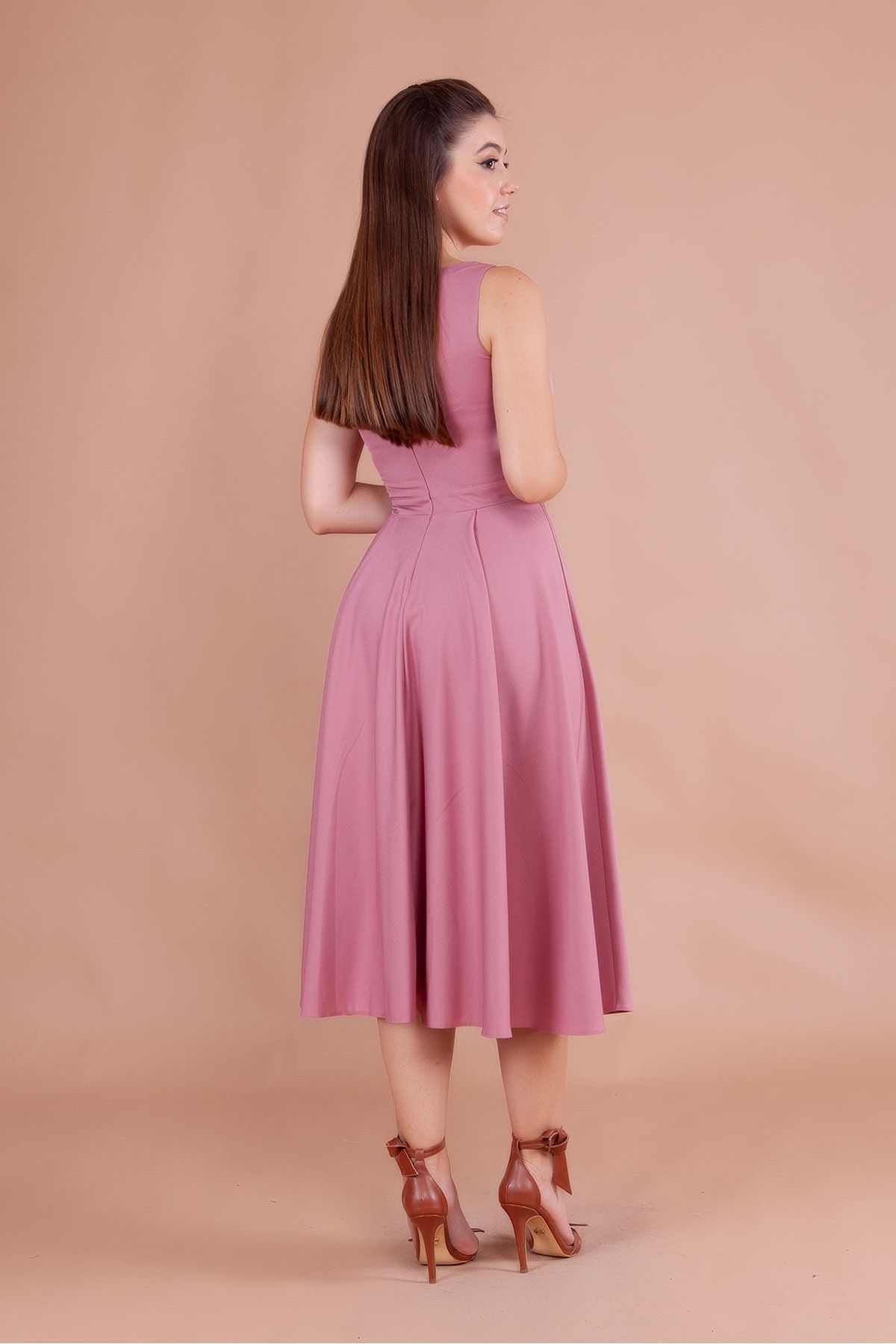 RURIS-Women's Dusty Rose Square Neck Sleeveless Midi Length Evening Dress Graduation Dress 5