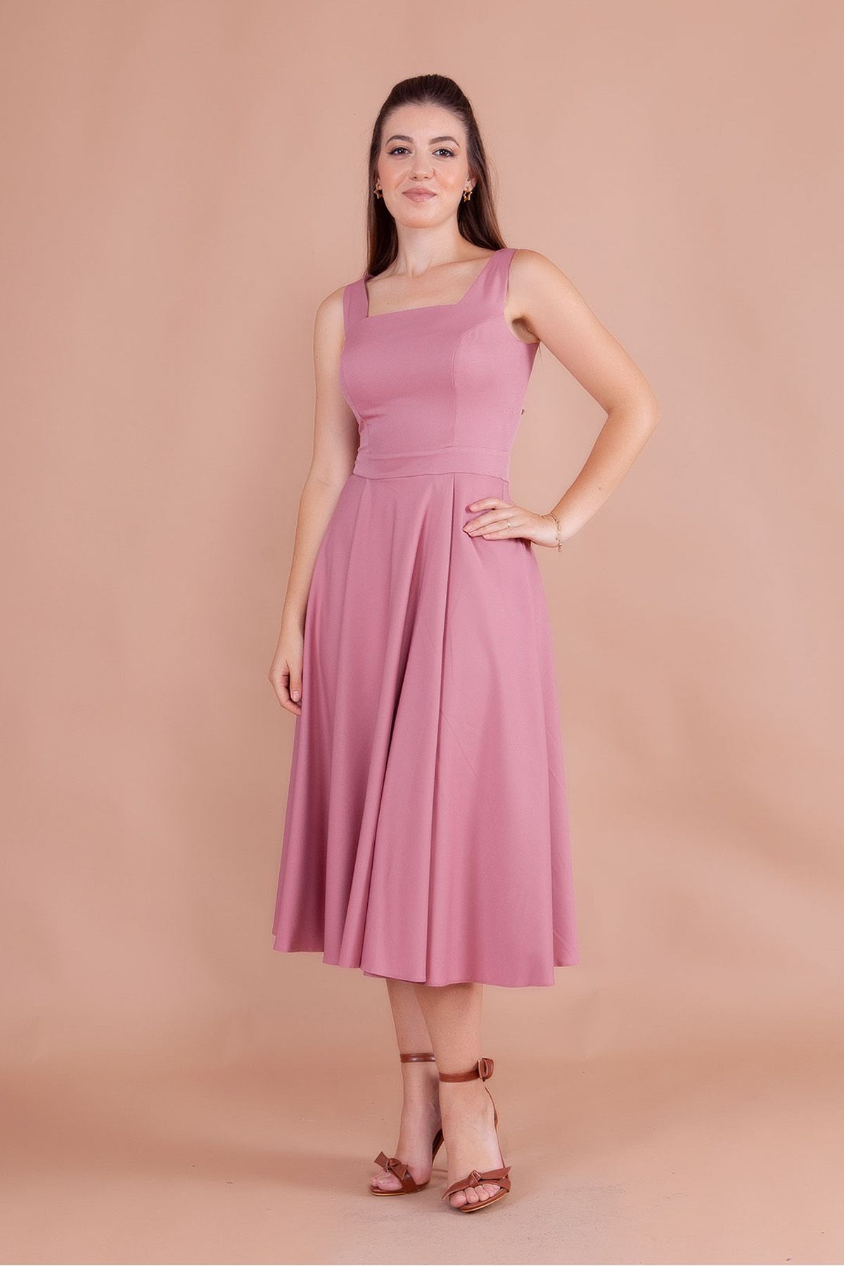 RURIS-Women's Dusty Rose Square Neck Sleeveless Midi Length Evening Dress Graduation Dress 4