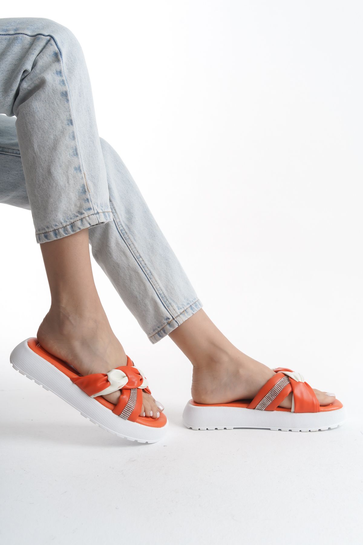 Weynes-Orange and White High-Top Comfortable Women's Slippers - Knot Detail Wsb2008 3