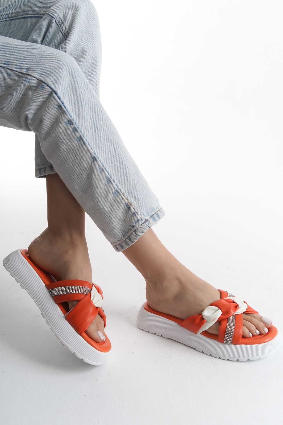 Weynes-Orange and White High-Top Comfortable Women's Slippers - Knot Detail Wsb2008 4