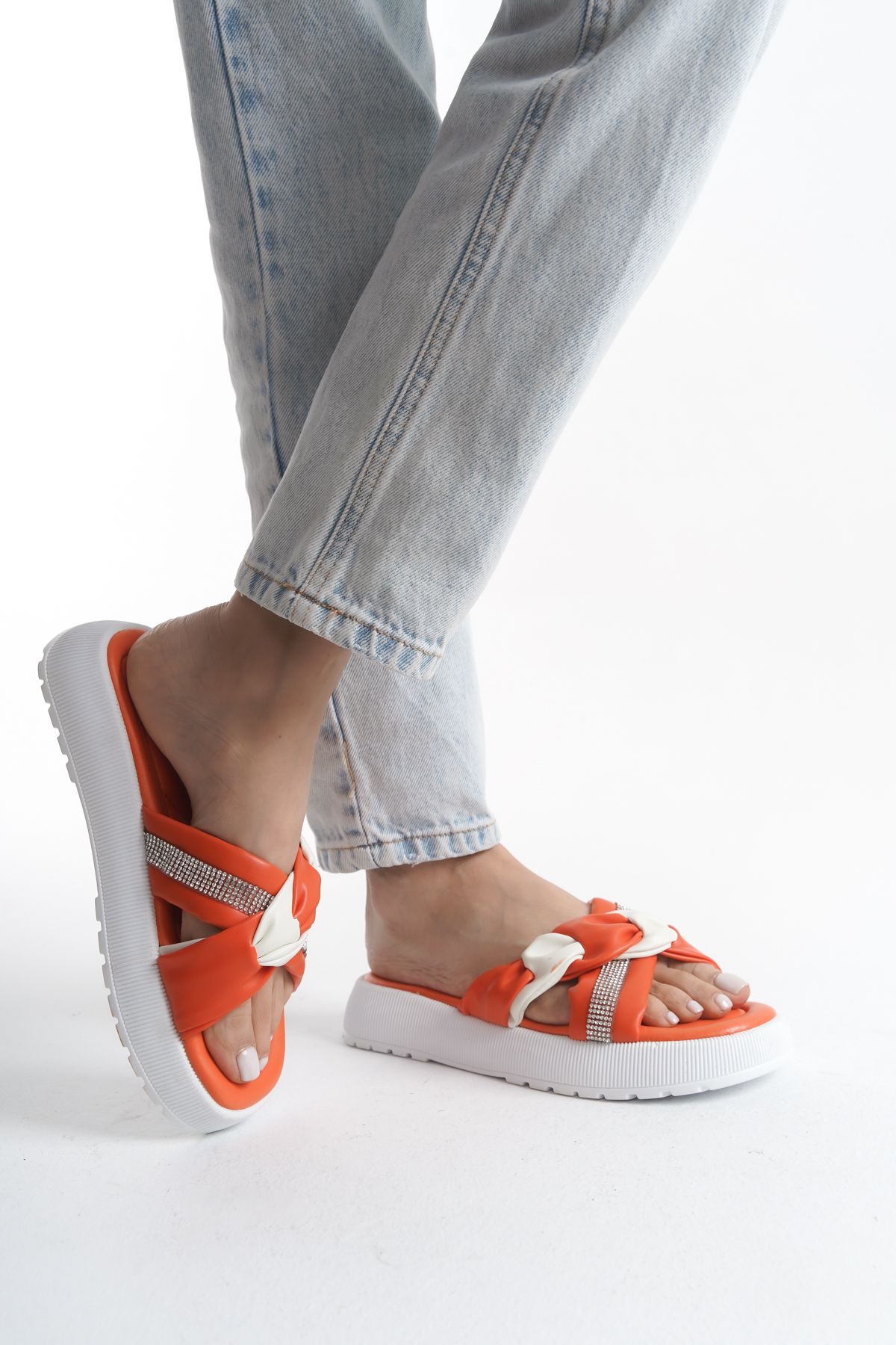 Weynes-Orange and White High-Top Comfortable Women's Slippers - Knot Detail Wsb2008 2