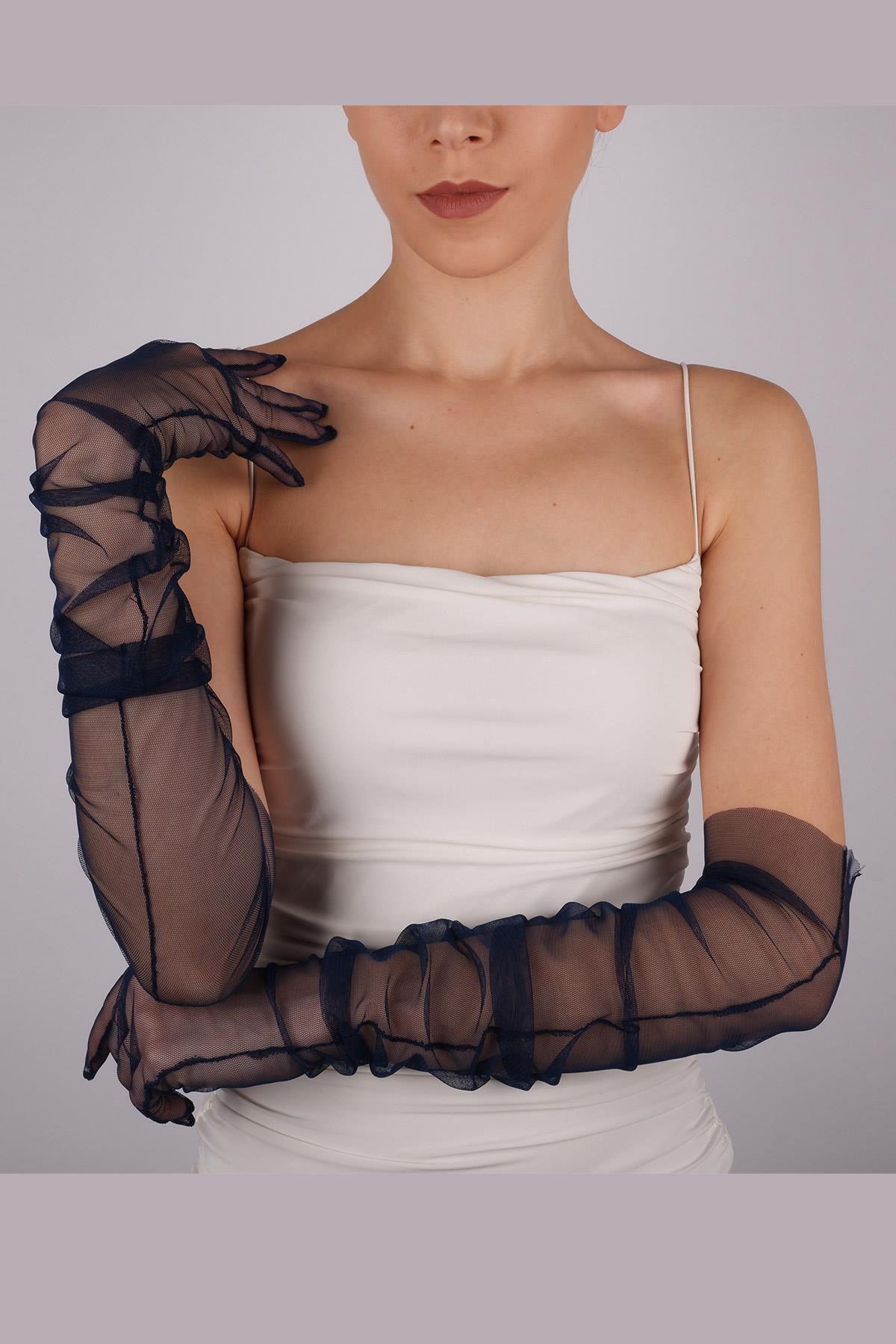 Limelia Lacivert Uzun Şık Gelin Eldiveni Tül Eldiven Nikah/düğün Eldiveni görsel 3
