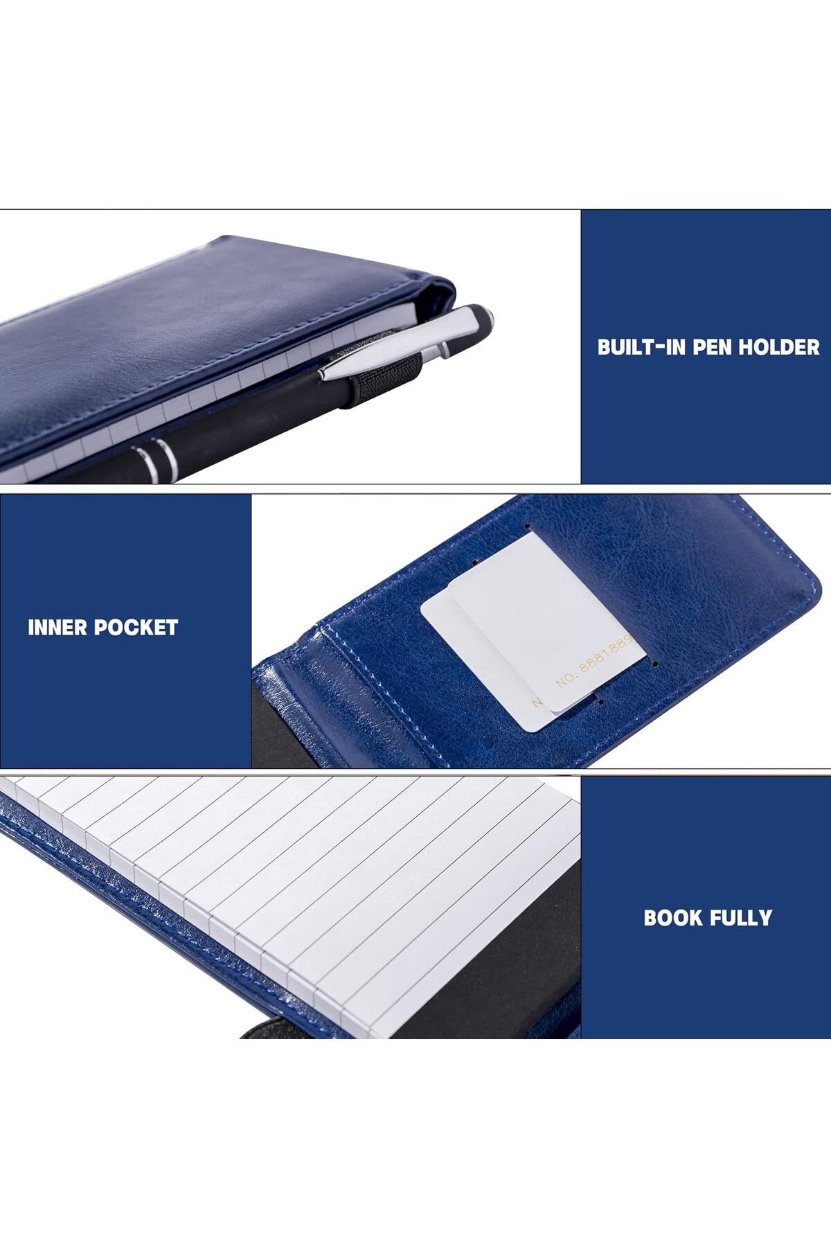 fulina-7 Pcs Small Pocket Notepad Holder Set with Pen,Mini Portable Leather Notebook for Offices,Blue 3