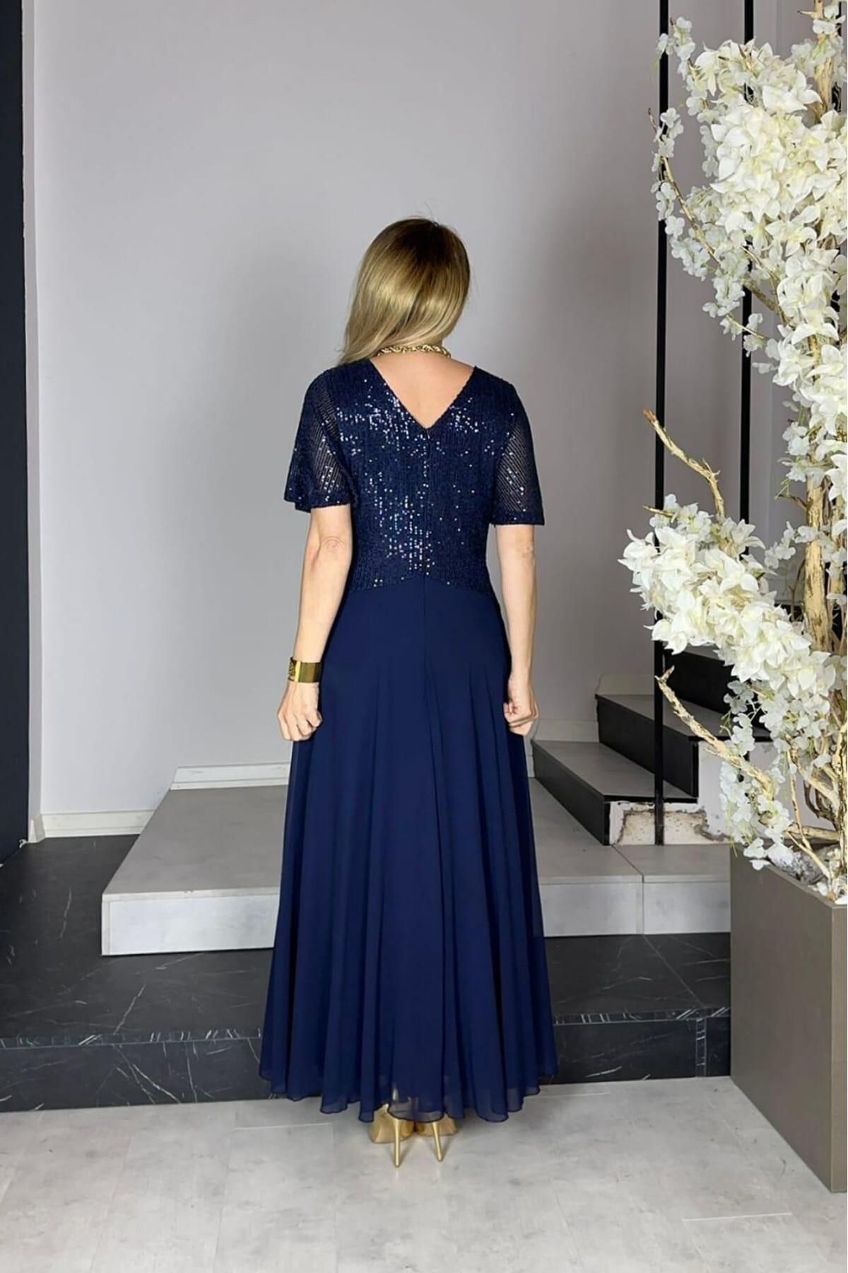 gesmoda-G1290 Sequin Detailed Chiffon Evening Dress Navy Blue 2