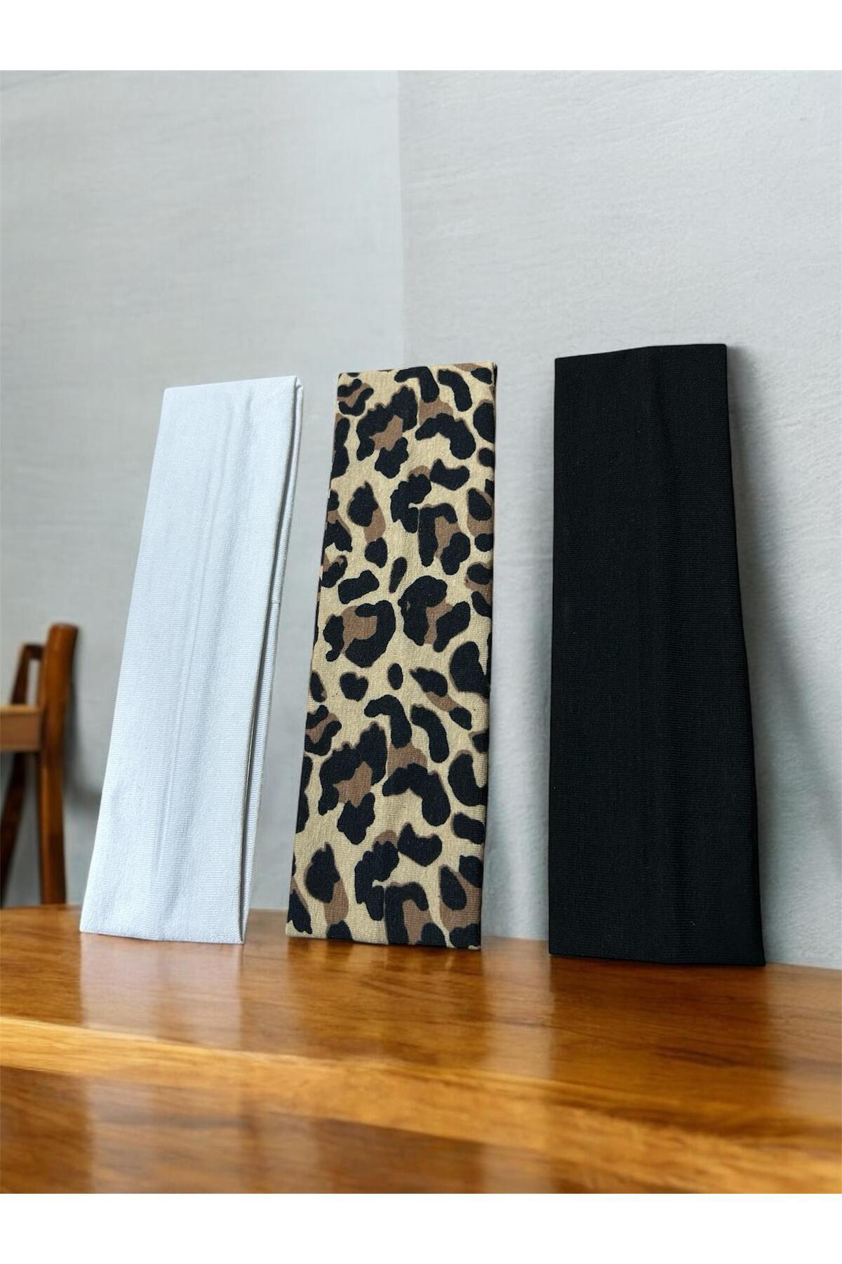 Melkady Aksesuar MelKady 541F - Leopar Desenli ve Düz Esnek Kadın/Unisex Saç Bandı Seti (3'lü), Günlük, Sporcu bandı