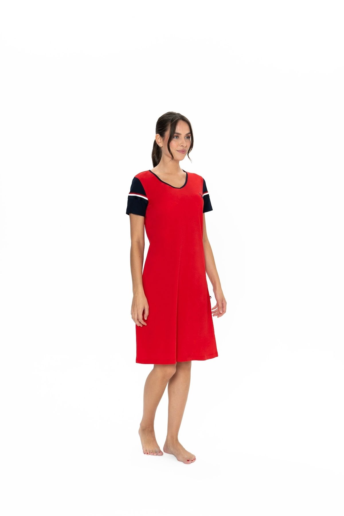 U.S. Polo Assn.-U.S. Polo Assn. Women's Red V-Neck Striped Sleeves Nightgown - Ilc2.20G00S9E 2