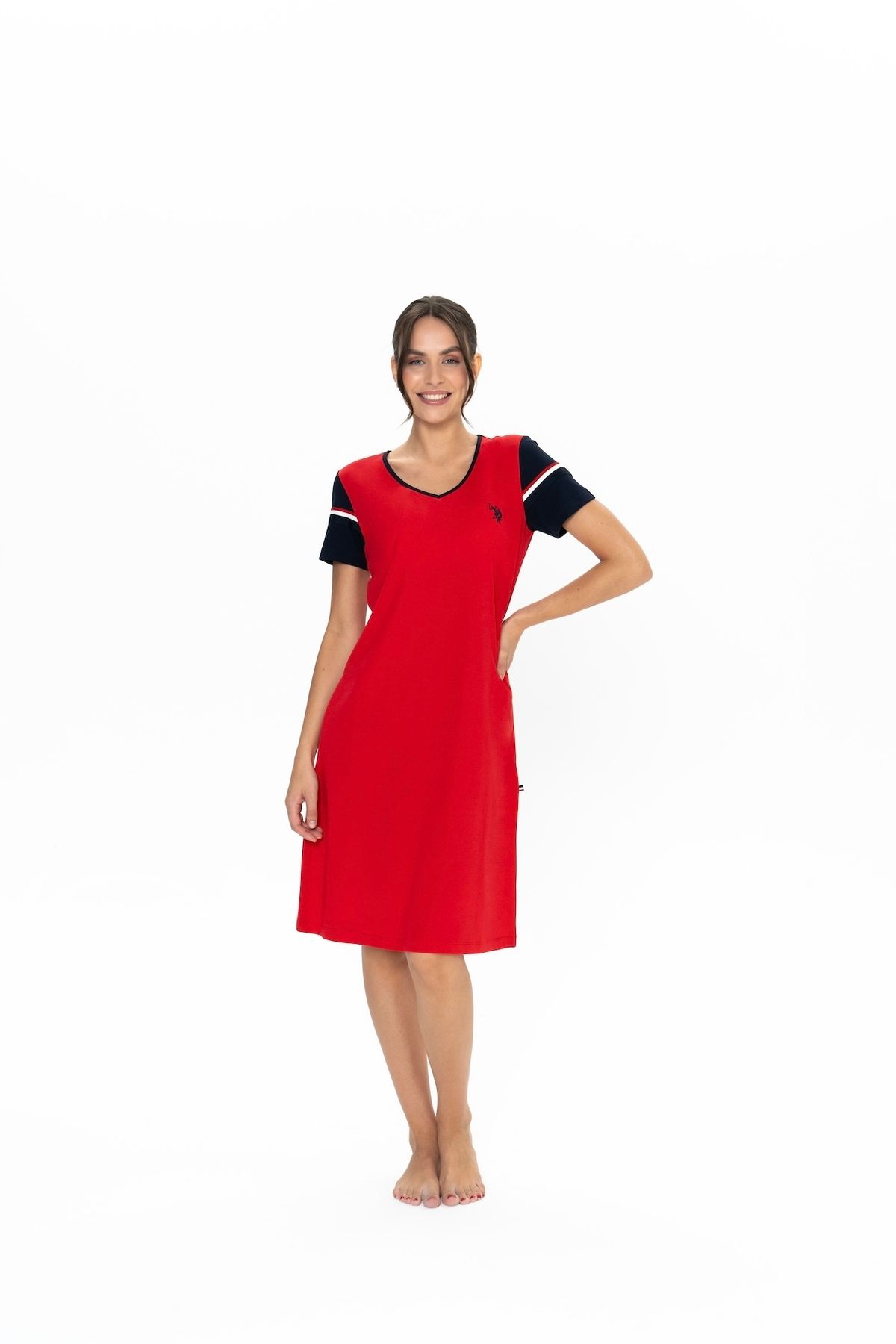 U.S. Polo Assn.-U.S. Polo Assn. Women's Red V-Neck Striped Sleeves Nightgown - Ilc2.20G00S9E 1