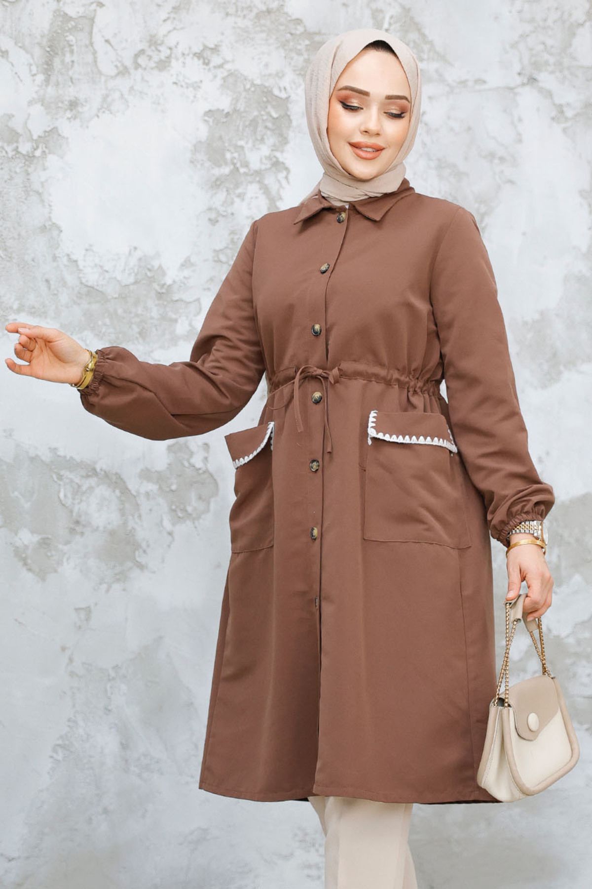 Neva Style-Buttoned Brown Hijab Cap 91781Kh 2