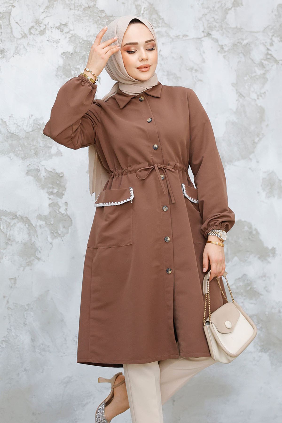 Neva Style-Buttoned Brown Hijab Cap 91781Kh 3