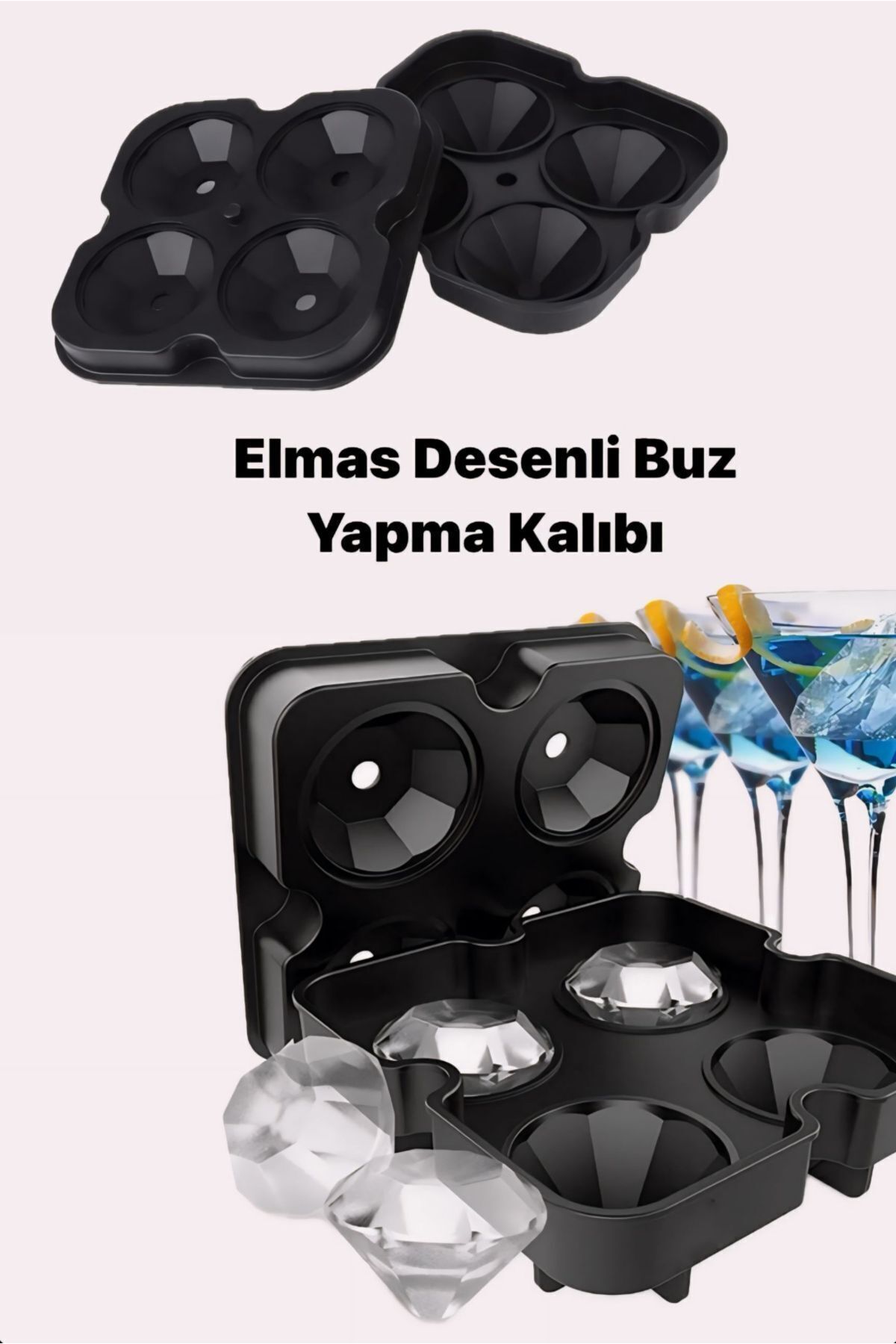 eminonundenal Seri 4 Gözlü Kırılmaz Esnek Silikon Kokteyl Viski İçin Elmas Şekilli Buz Yapma Kalıbı 1 Adet