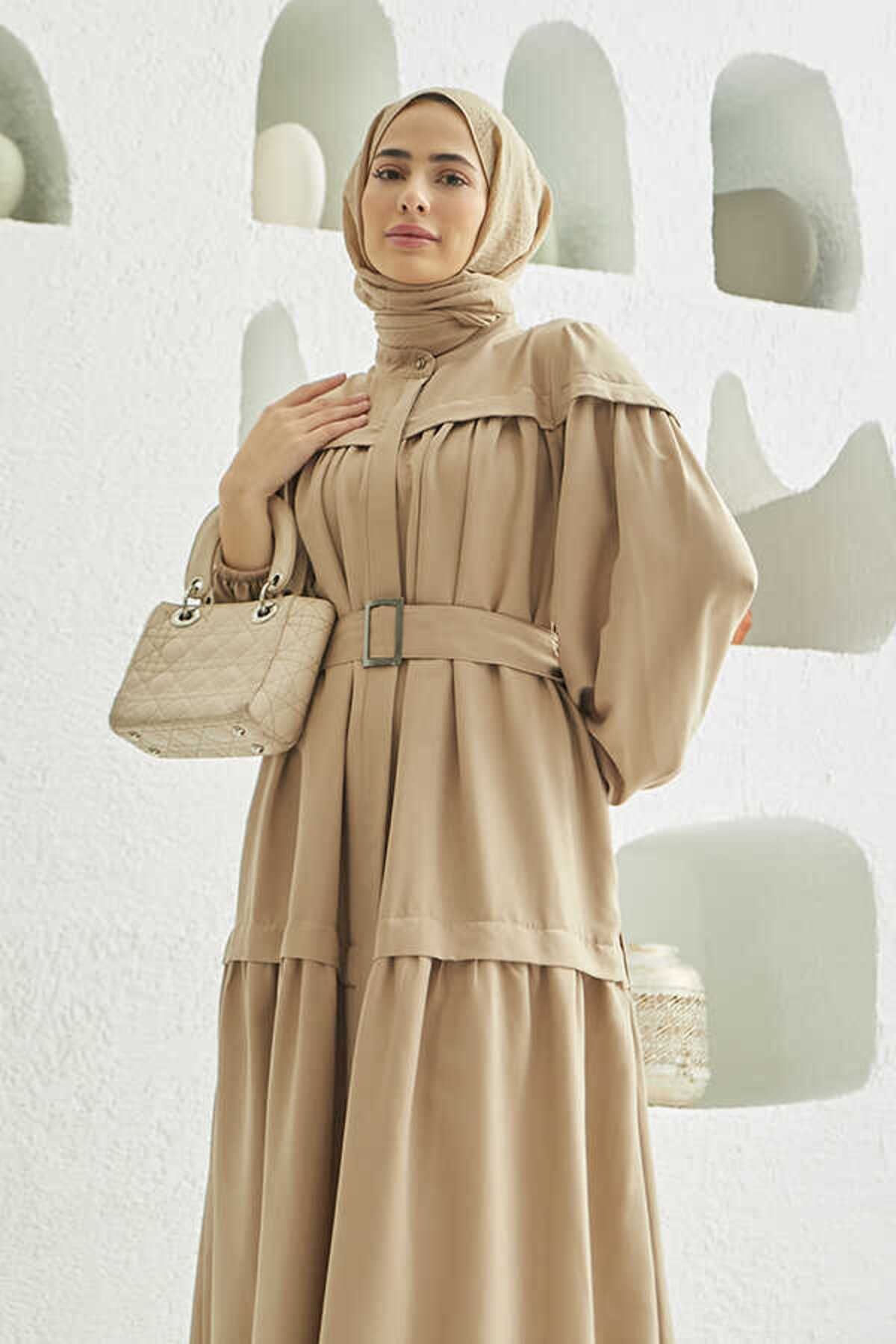 Neways-6605-Carla Gathered Belted Dress Beige 2