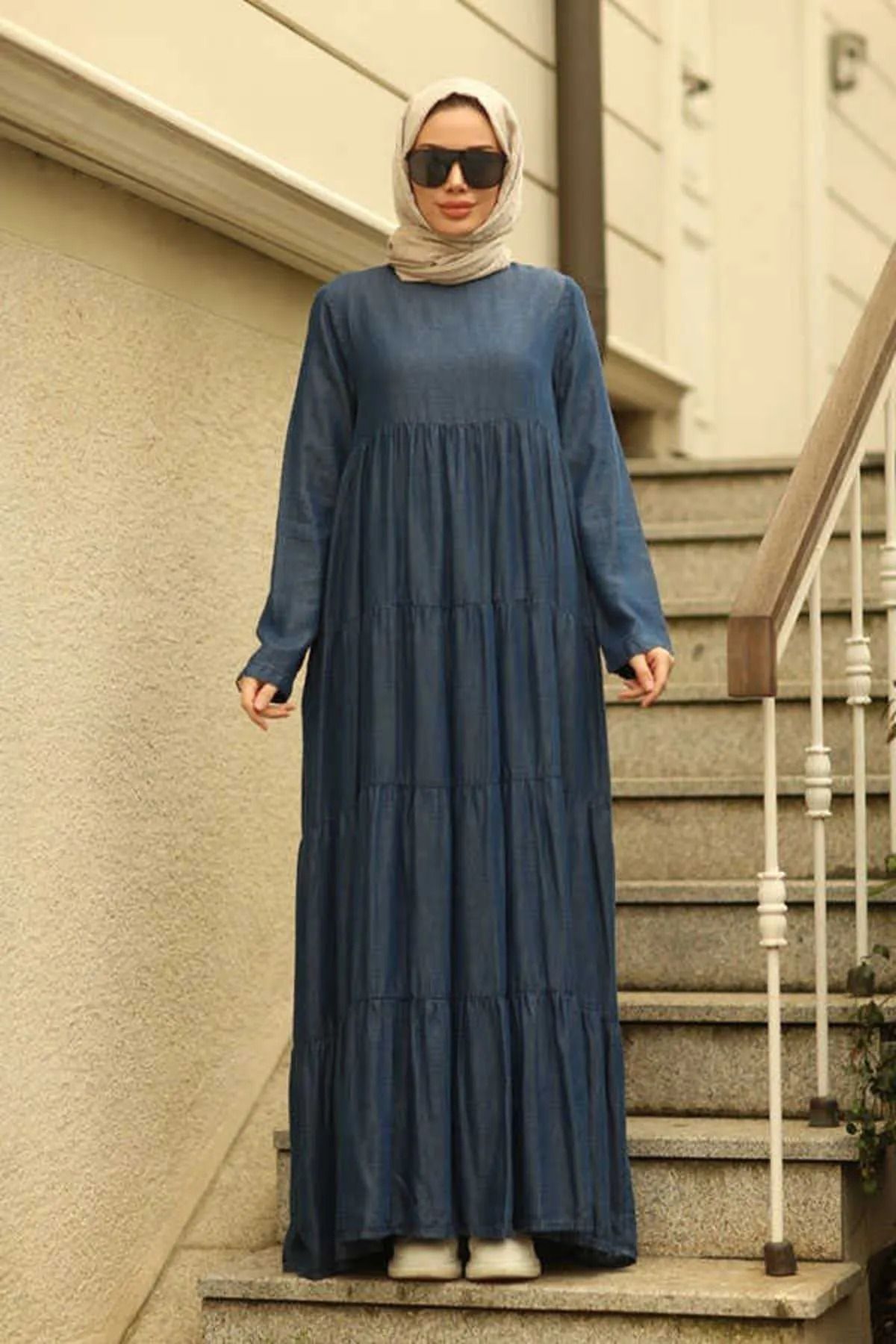 Neways-6400-denim rochie țigănească adunată Albastru închis 1