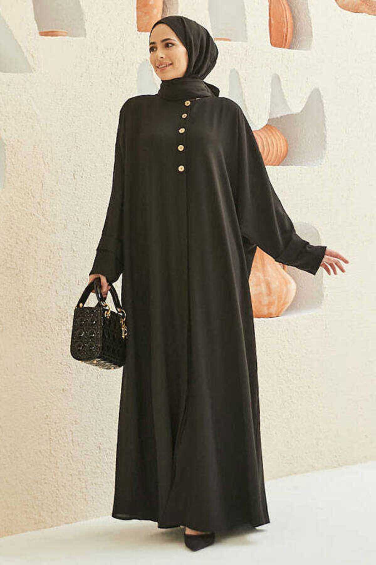 Neways Negru 6618 Model Ornamental Buttoned Placket Abaya Femeie - Standard