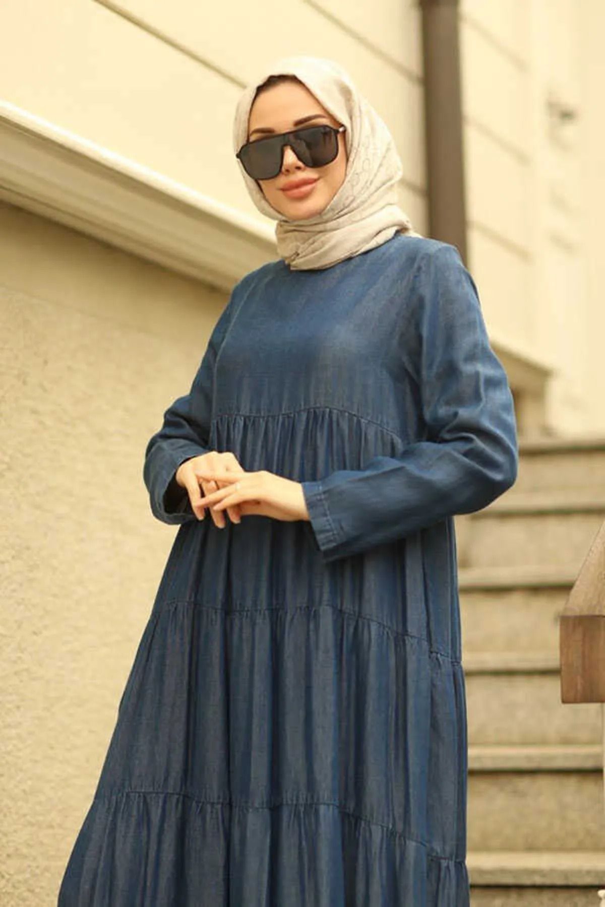Neways-6400-denim rochie țigănească adunată Albastru închis 3