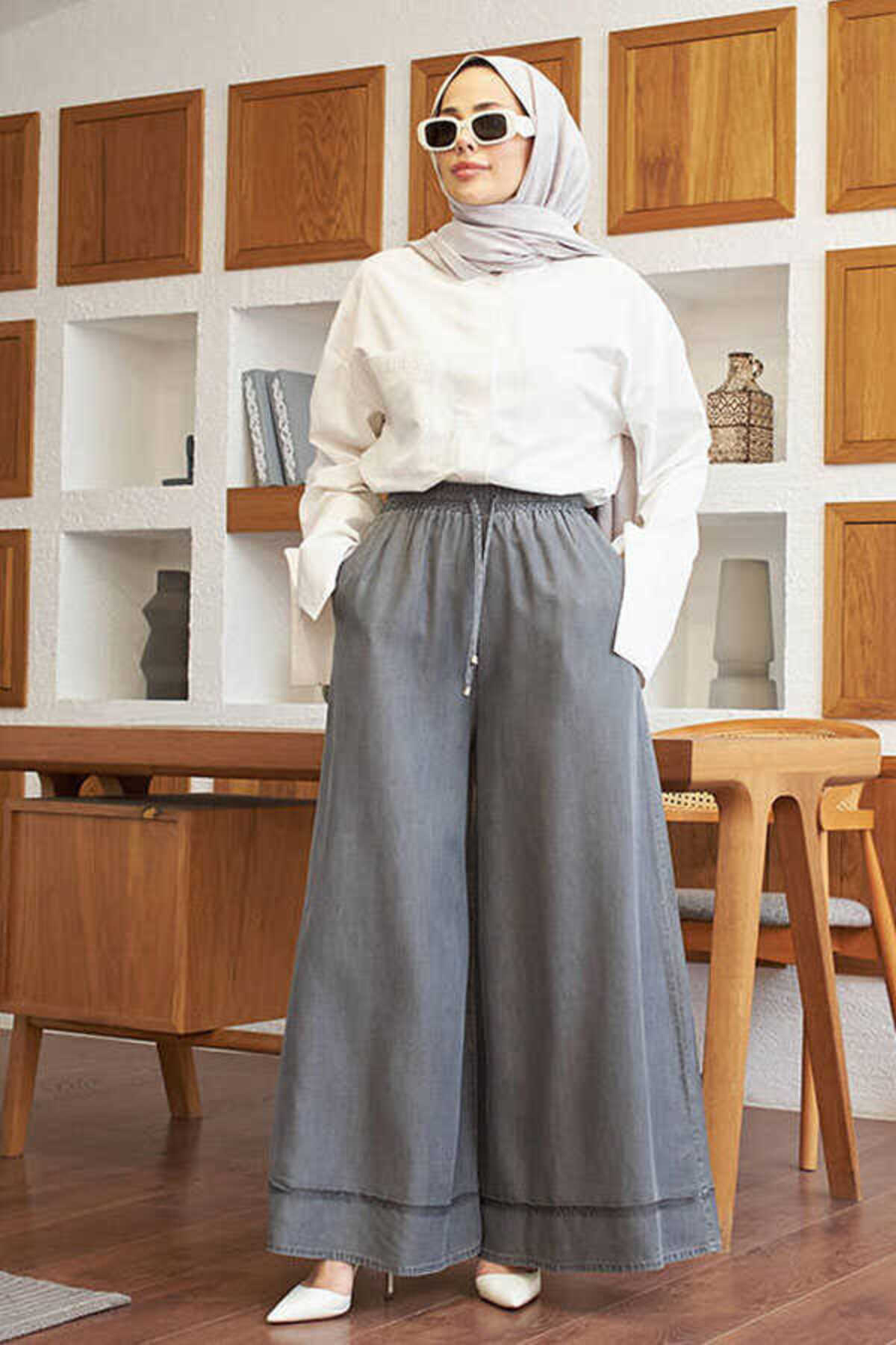 Neways 1138-  Lastikli Bol Paça Pantolon Gri